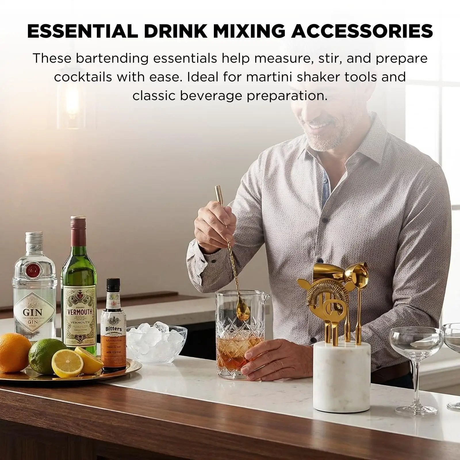 Gold Marble Cocktail Bar Tool Set, 5 Piece 9.06 x 3.75 Inch White Stone Holder Stainless Steel from PriceLows™