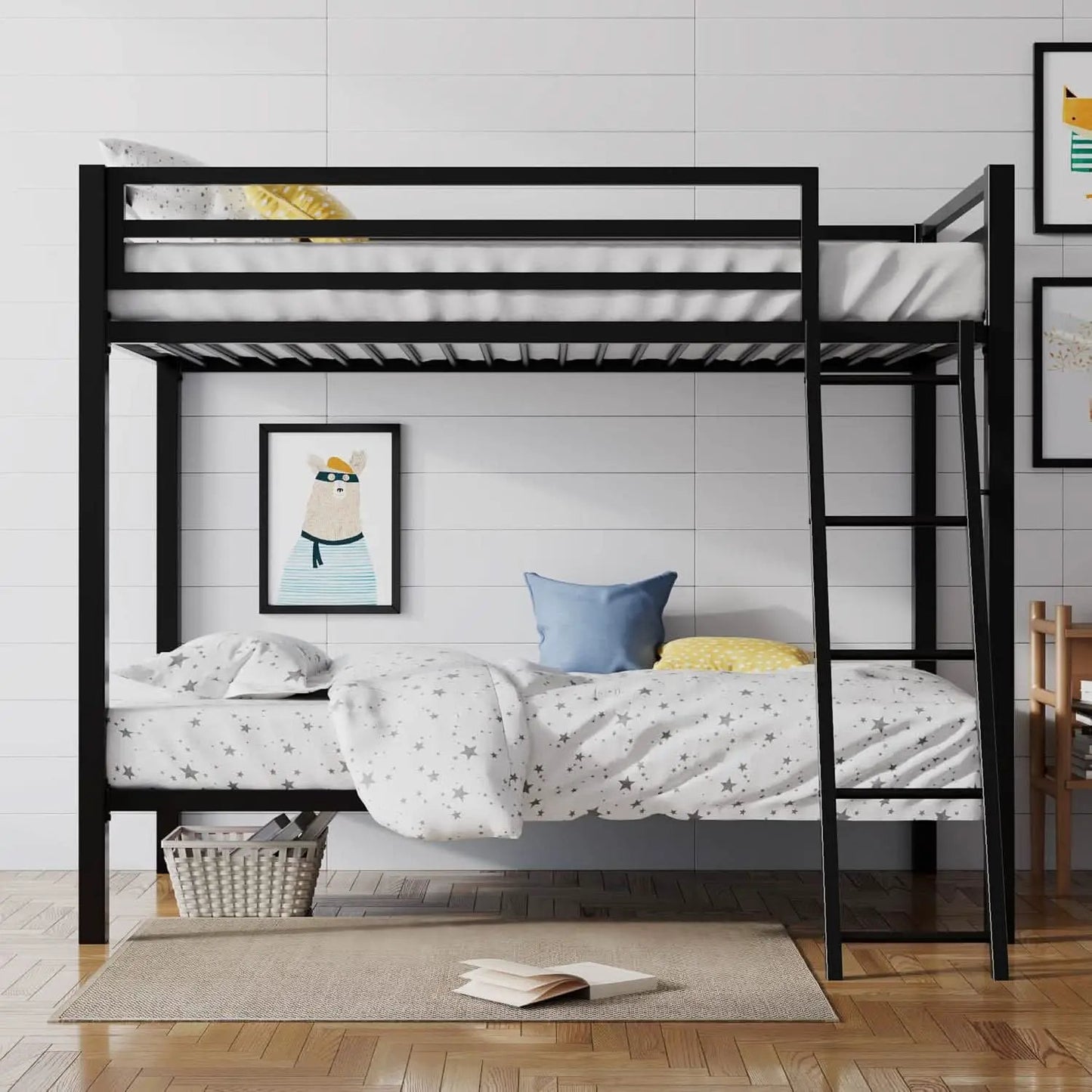 Twin Over Twin Metal Bunk Bed Black Guardrail And Ladder from PriceLows™