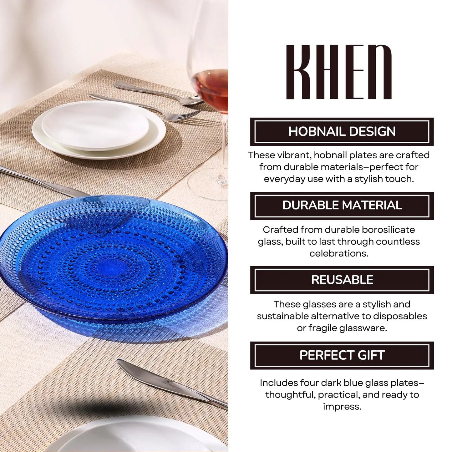 Glass Hobnail Dinner or Charger Plates | Set of 4 | Dark Blue from PriceLows™