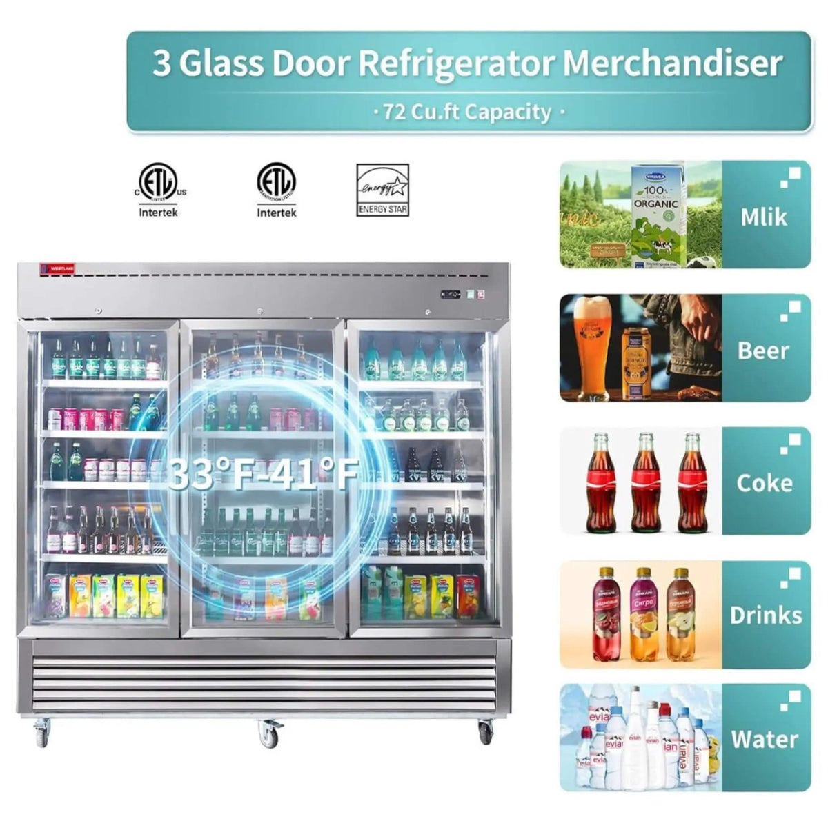 82 Inch Commercial Stainless Steel Upright Display 3 Section Merchandiser | 82 Inch | Stainless Steel | Refrigerator