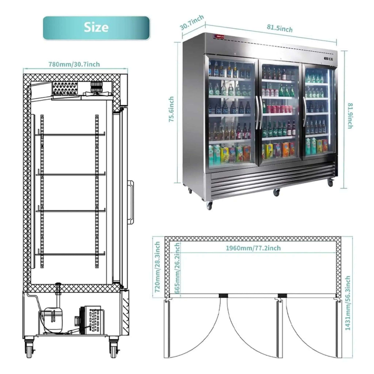 82 Inch Commercial Stainless Steel Upright Display 3 Section Merchandiser | 82 Inch | Stainless Steel | Refrigerator