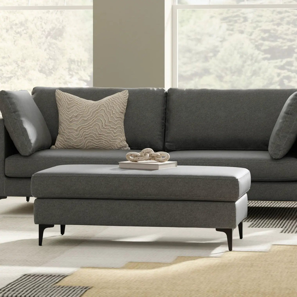 Ava Mid Century Ottoman | Performance Fabric | 100% Recycled Material | 36 Inch Width