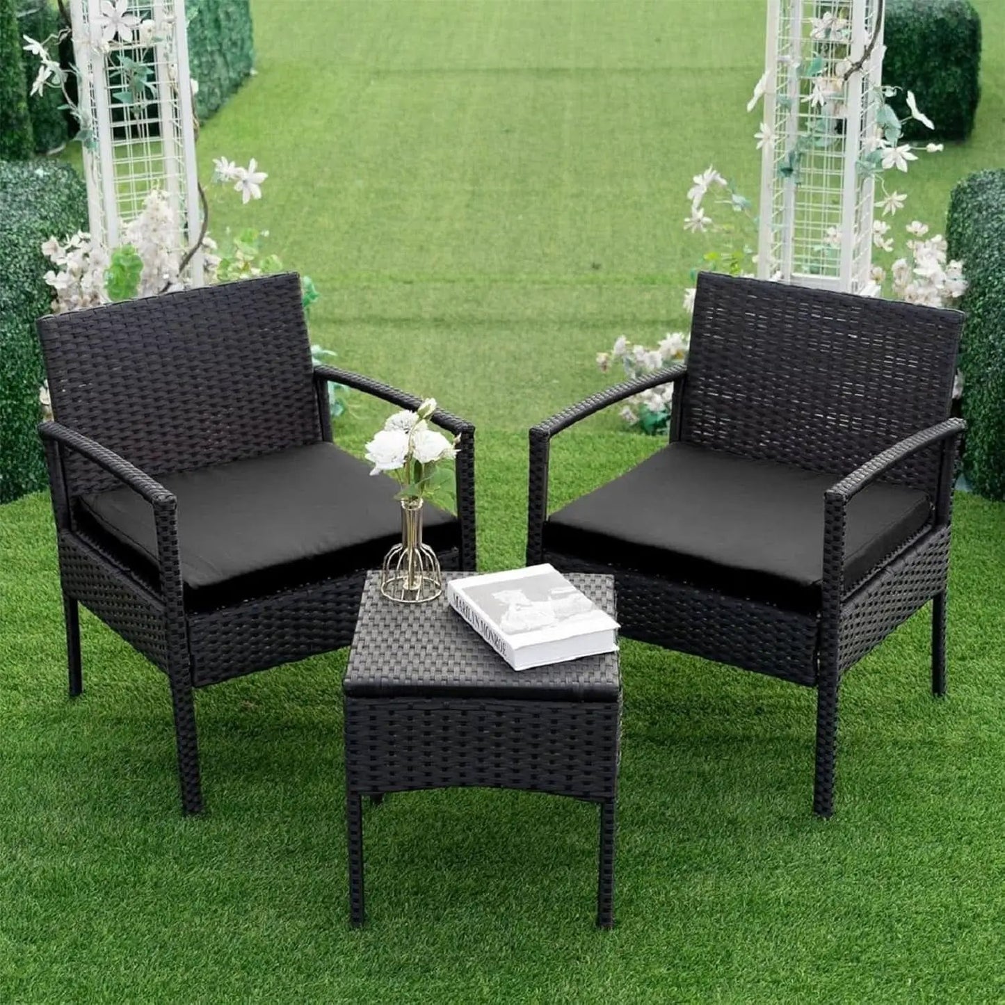 3 Piece Patio Rattan Conversation Chairs Set Outdoor Furniture Black Wicker For Garden Balcony Porch Yard from PriceLows™