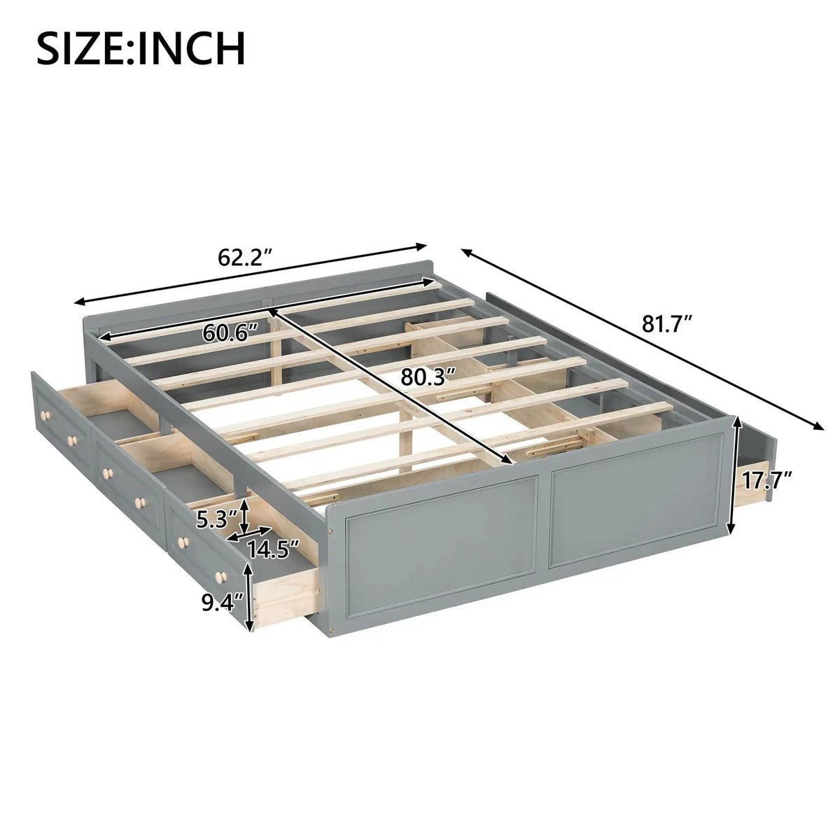 Queen Size Platform Bed Frame With 6 Drawers - | 81.7 x 62.2 x 17.7 in | Pine Wood & Mdf | Gray