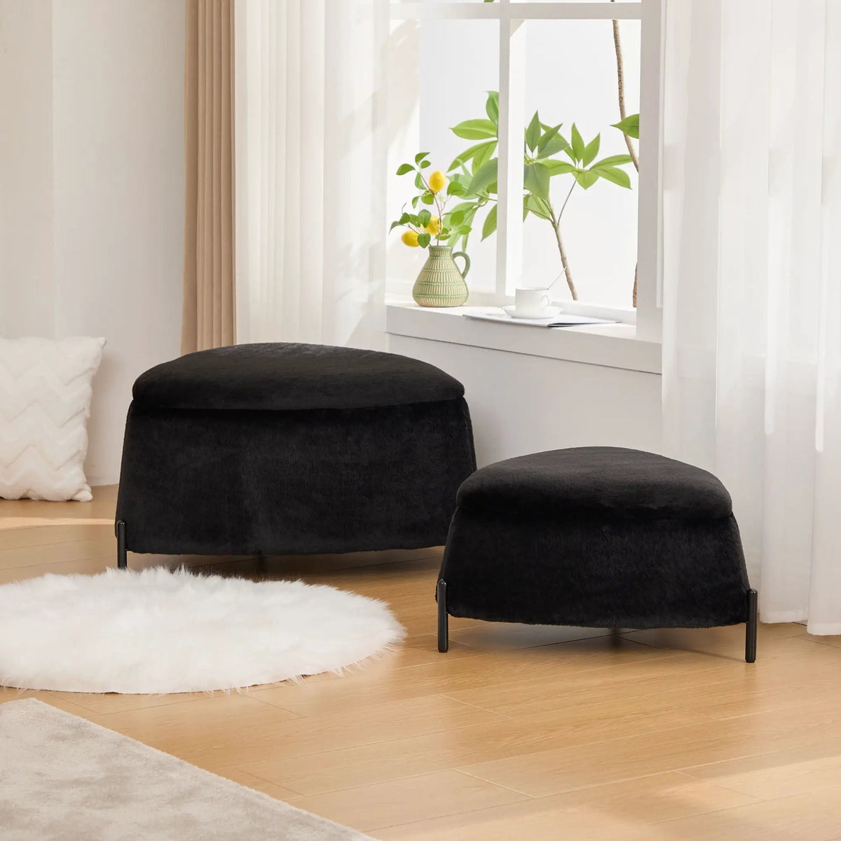 Storage Ottoman Set | Upholstered Faux Fur | Reversible Lid | Solid Wood Frame