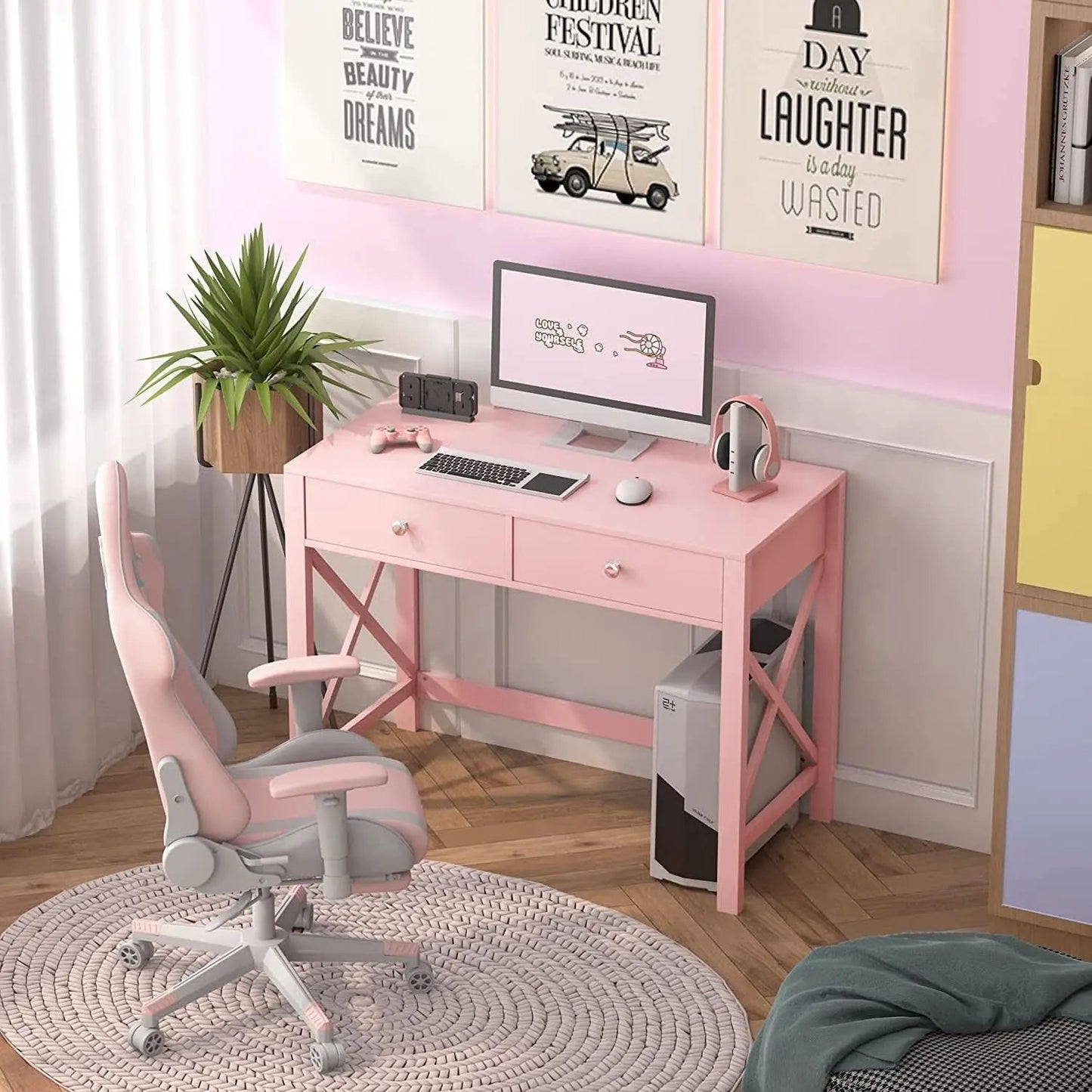 Pink Modern Vanity Desk With Drawers For Home Office from PriceLows™