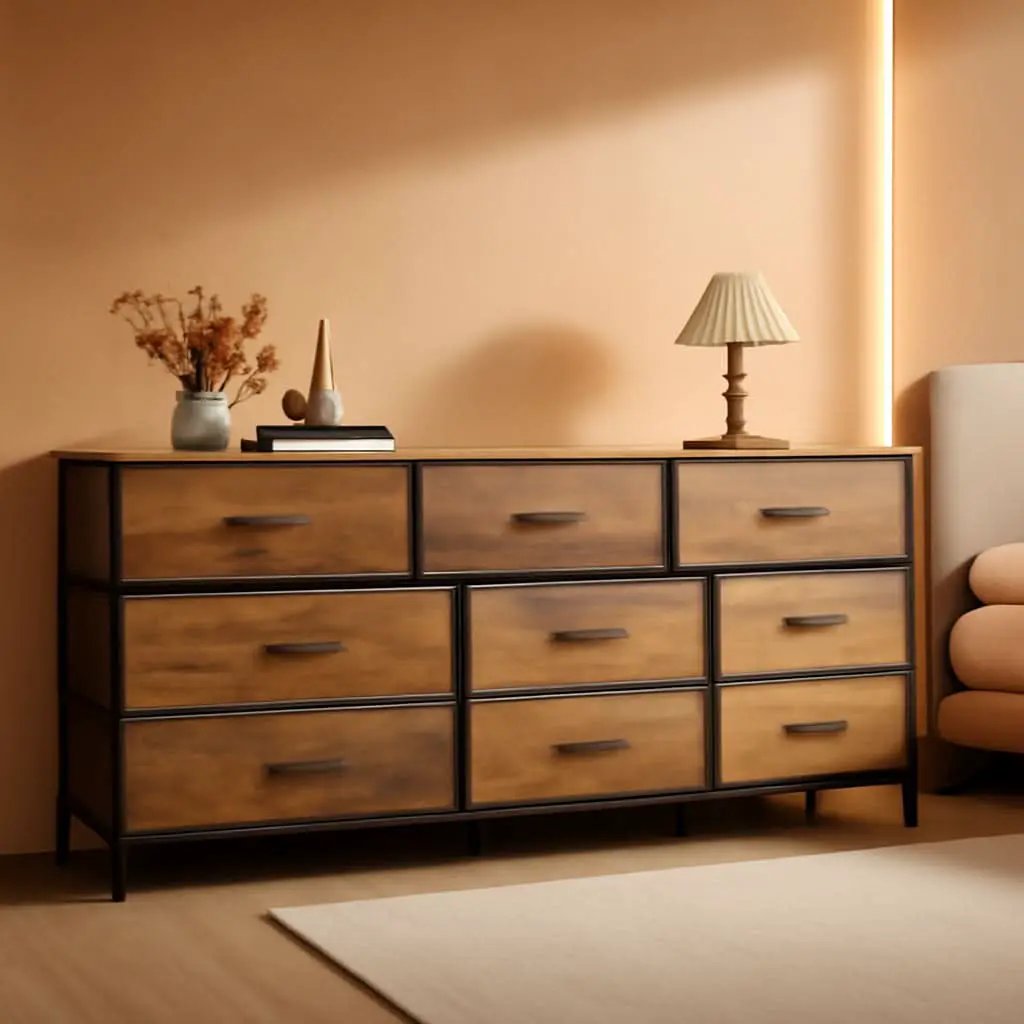 63 Inch Dresser With Durable Fabric Drawers In Rustic Brown from PriceLows™