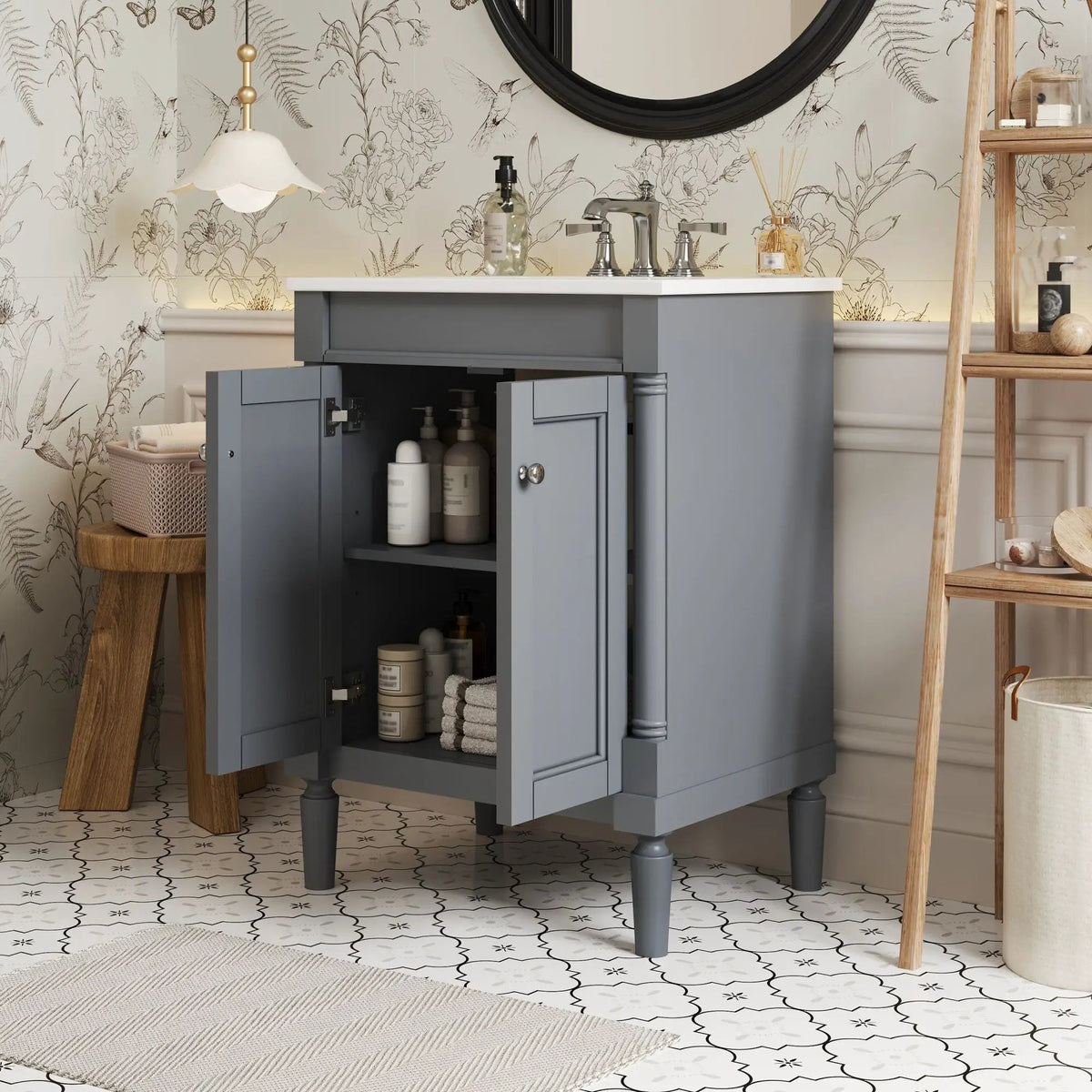 24 Inch Bathroom Vanity With Top Sink | 2 Tier Storage Cabinet | Retro Metal Handles | Soft-Closing Hinges