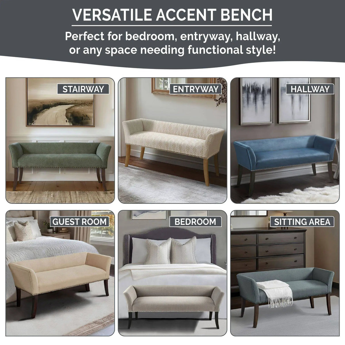 Welburn Upholstered Bench | Padded Low Back | Flared Arms | High-Density Foam And Fiber Fill
