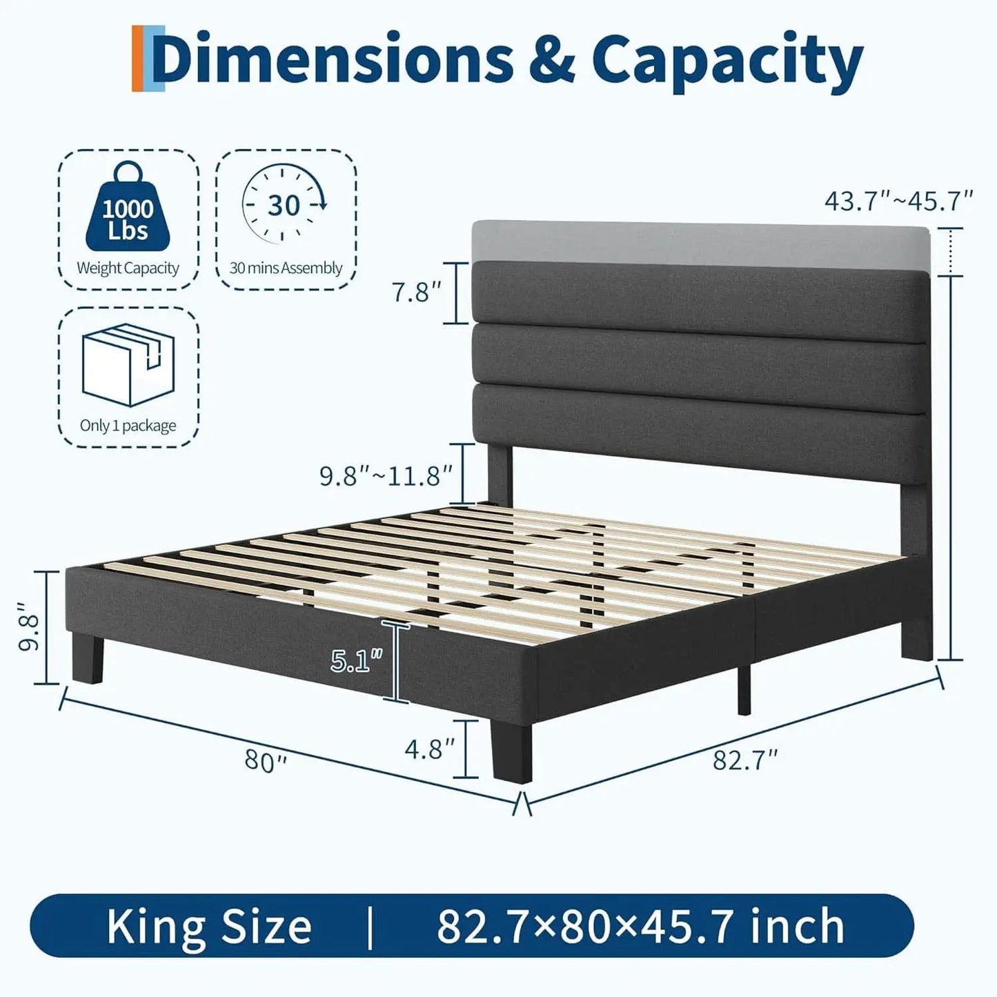 King Size Bed With Adjustable Headboard In Dark Grey from PriceLows™