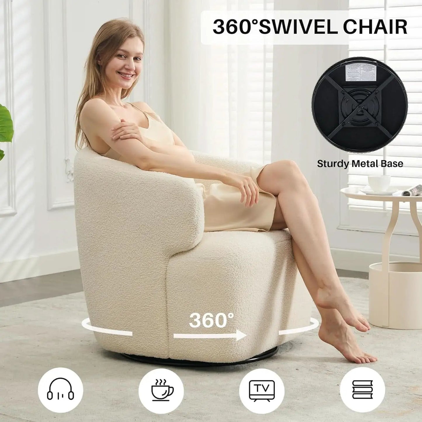 Beige Sherpa Boucle Swivel Barrel Chair Deluxe Premium from PriceLows™