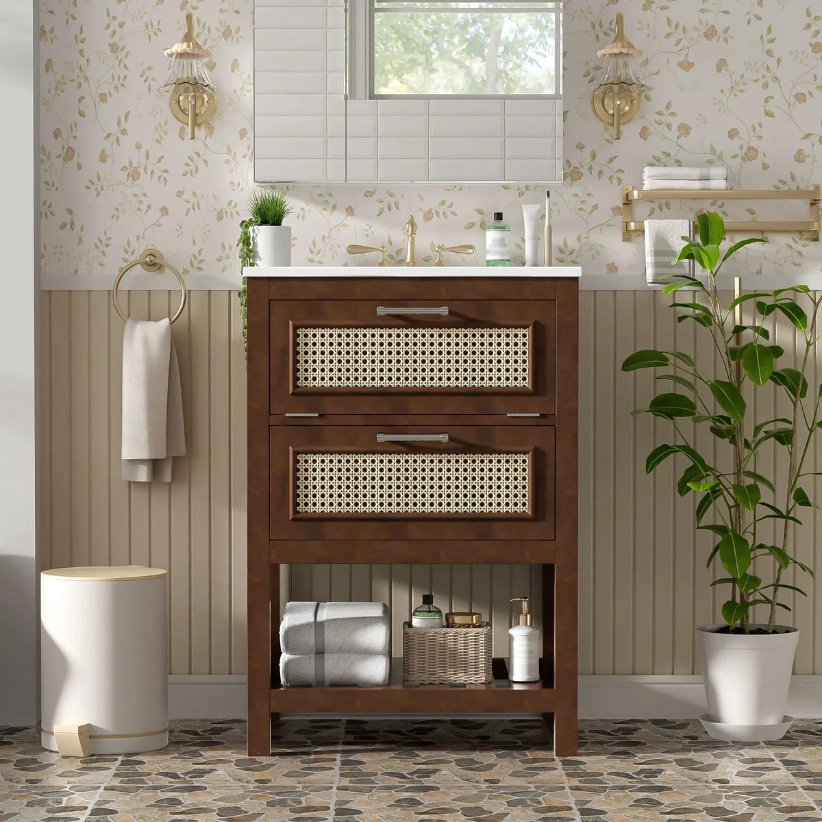 Modern Bathroom Vanity With Integrated Sink, Cabinet With 1 Deep Drawer And 1 | 2 Pieces | Solid Wood & Rattan | Bathroom