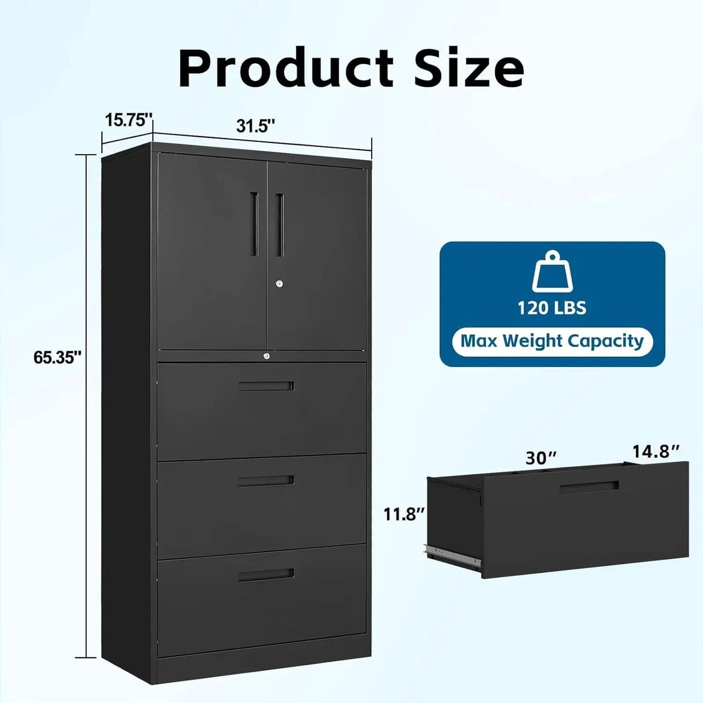 Three Drawer Metal File Cabinet Locking With Storage Shelves Black For Legal Letter A4 Documents from PriceLows™