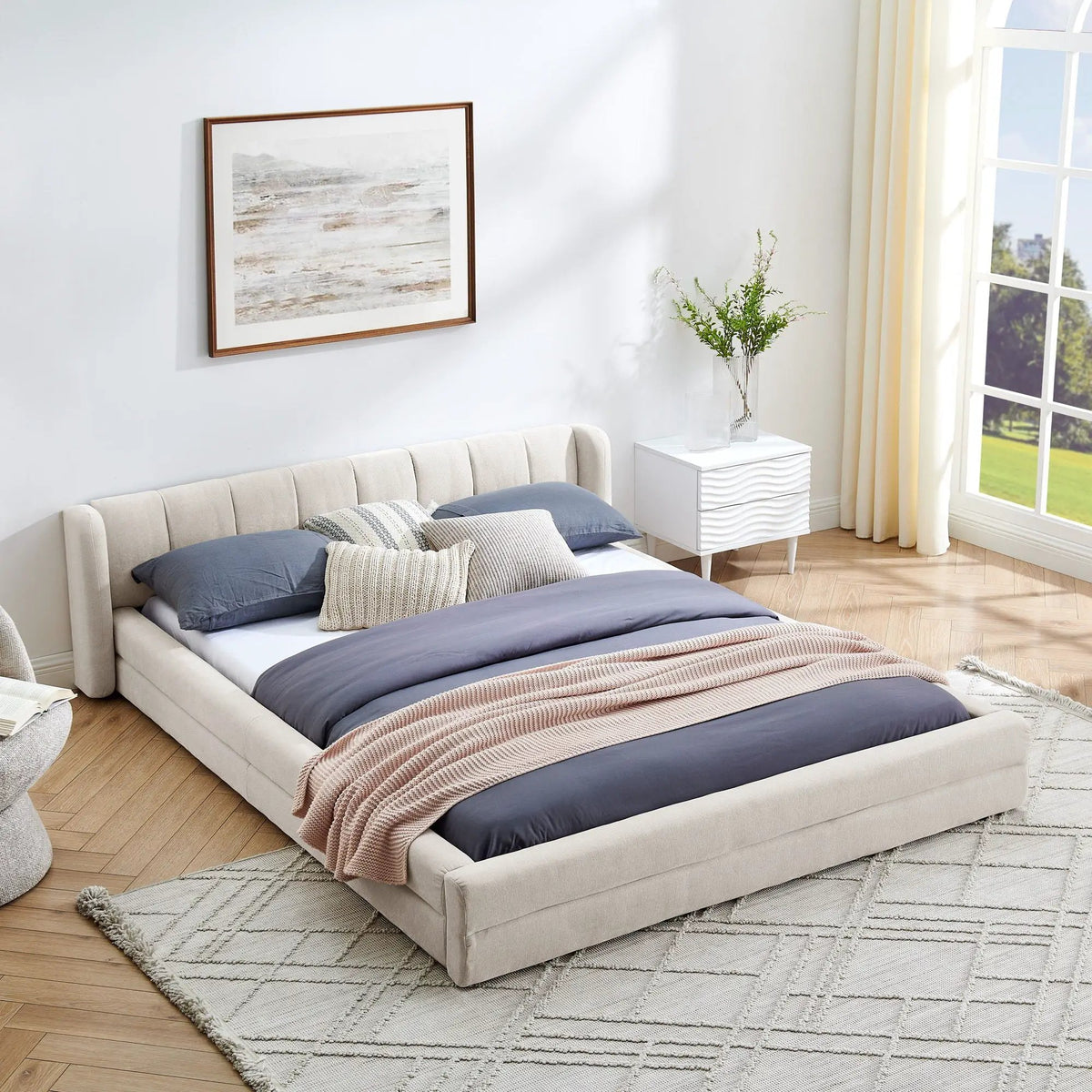 Modern Upholstered Bed Frame | Queen Size | Thick Fabric Upholstery | Grounded Headboard Design
