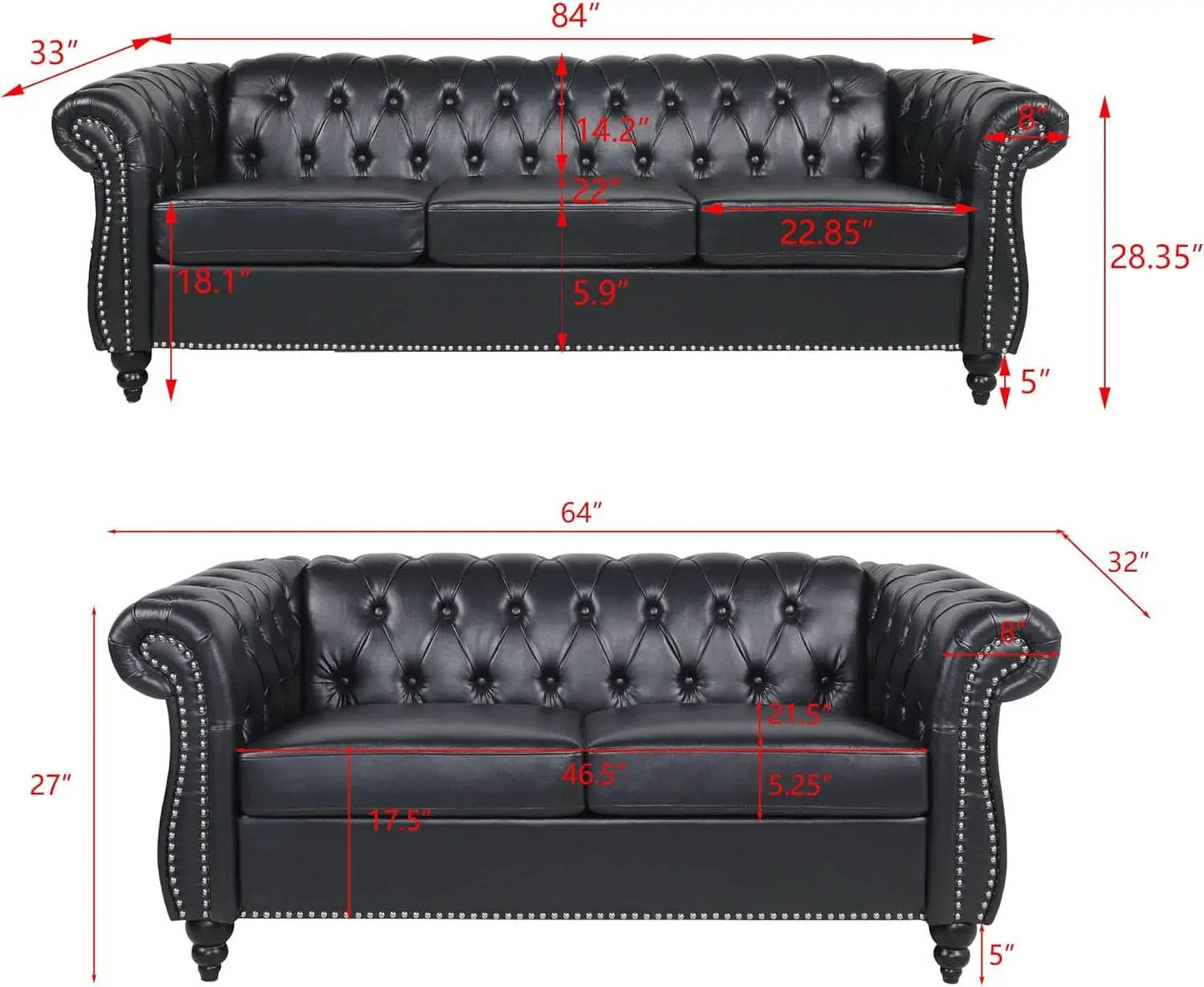 Black Faux Leather Chesterfield Sofa Set 3 Seater Loveseat from PriceLows™