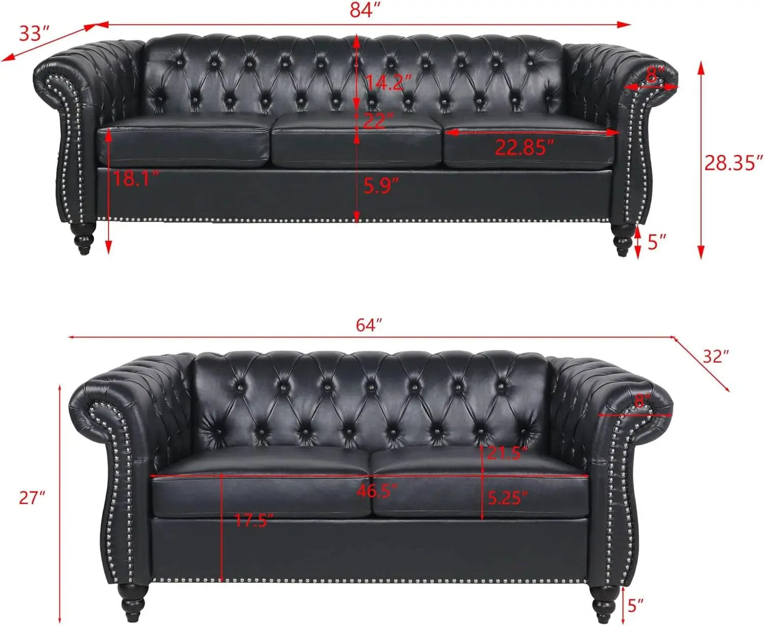 Black Faux Leather Chesterfield Sofa Set 3 Seater Loveseat from PriceLows™