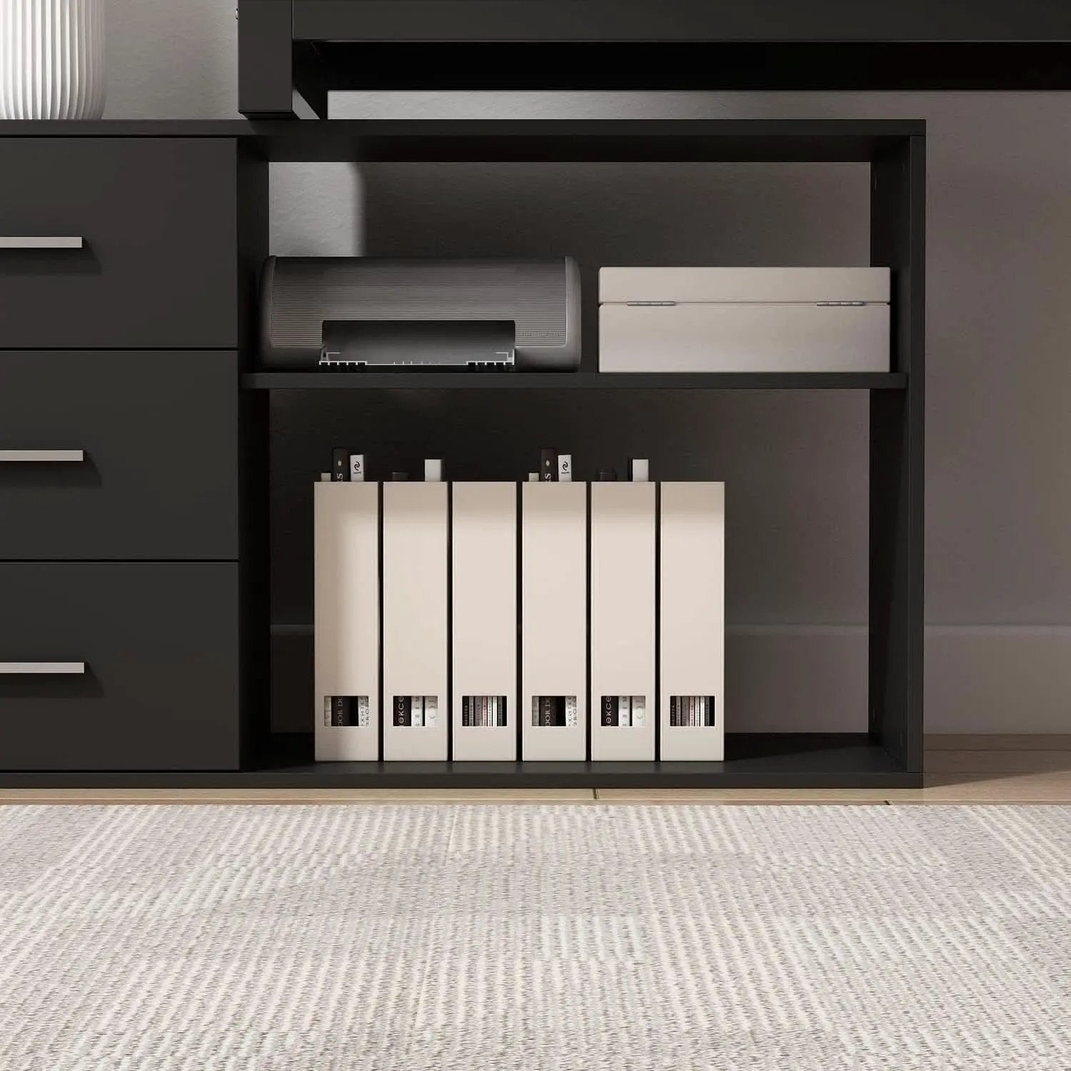 55 Inch L Shaped Computer Desk Black Storage Cabinet from PriceLows™