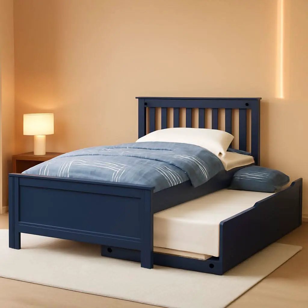 Blue Twin Bed Frame With Trundle Slatted Headboard from PriceLows™