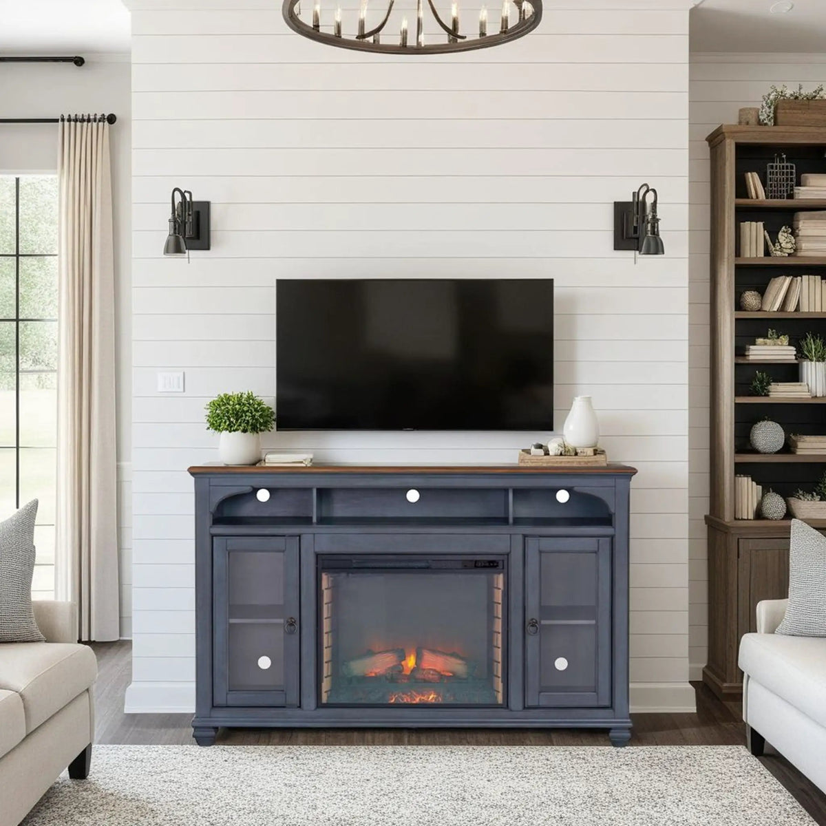 Fireplace TV Stand | Fits TVs Up To 80 Inch | Blue | Two Framed Glass Doors