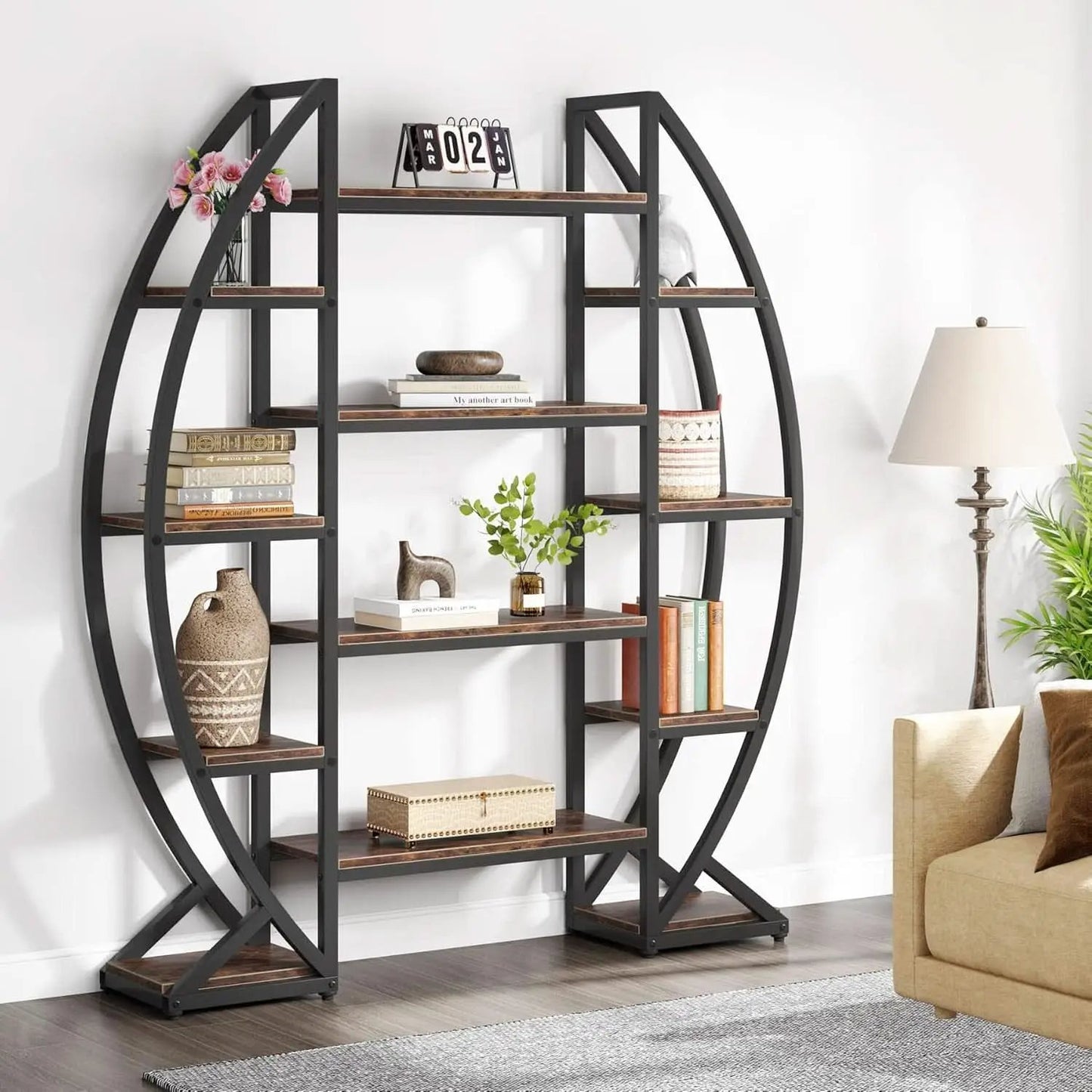 Oval 55 Inch Brown Industrial Display Etagere Bookcase from PriceLows™