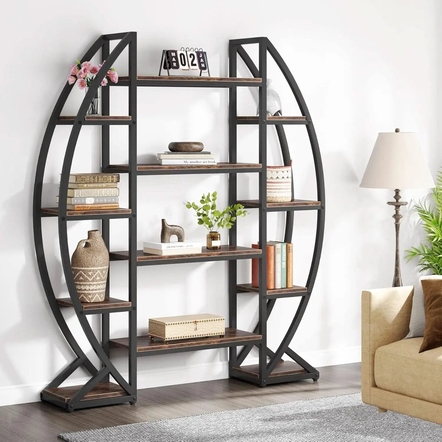 Oval 55 Inch Brown Industrial Display Etagere Bookcase from PriceLows™