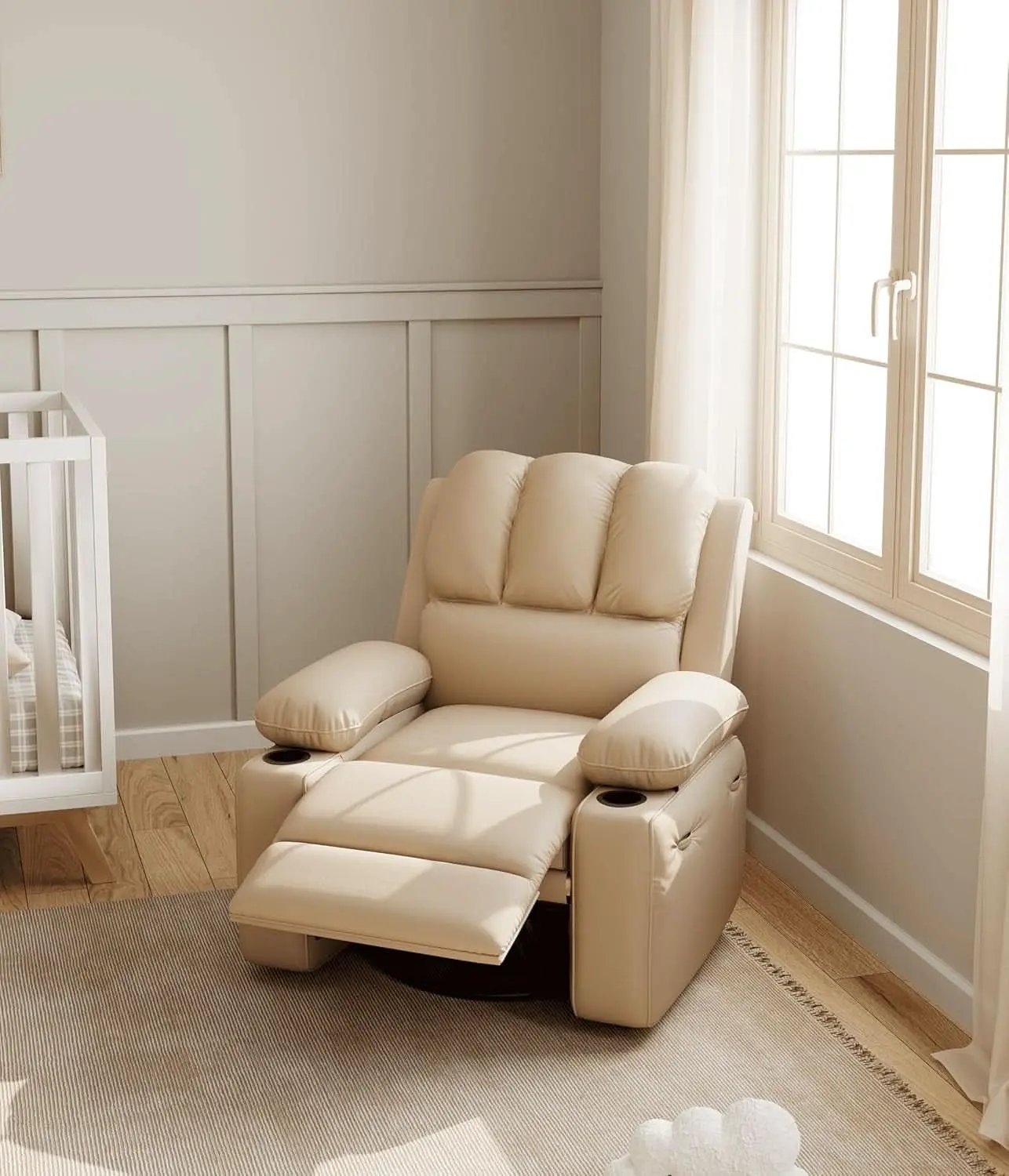 Beige Leather Manual Recliner Chair With Cup Holders from PriceLows™