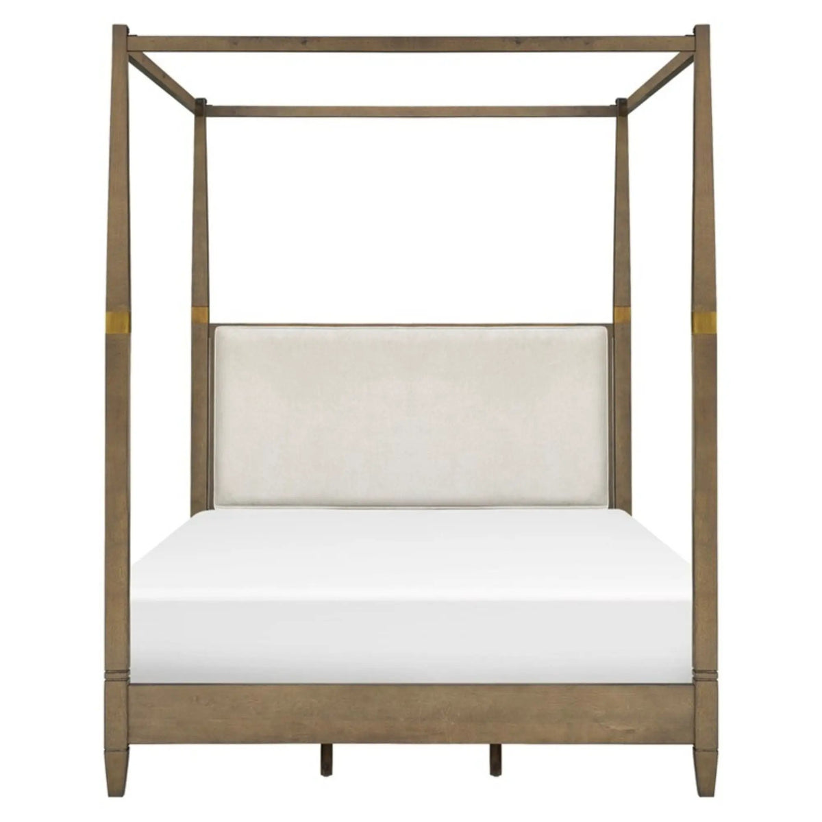 Queen Canopy Bed Frame | Upholstered Headboard | Brown Solid Wood | Gold Metal Cuffs
