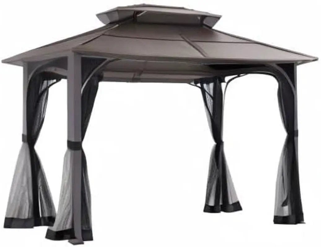 10x12 Brown Hardtop Gazebo With Steel Frame And Netting For Outdoor Patio Garden Canopy Shelter from PriceLows™