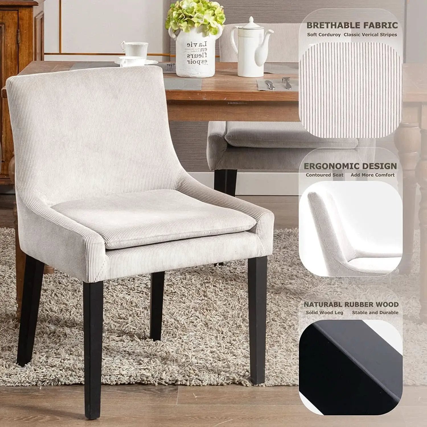 Beige Corduroy Dining Chairs With Wood Legs Set Of 6 from PriceLows™