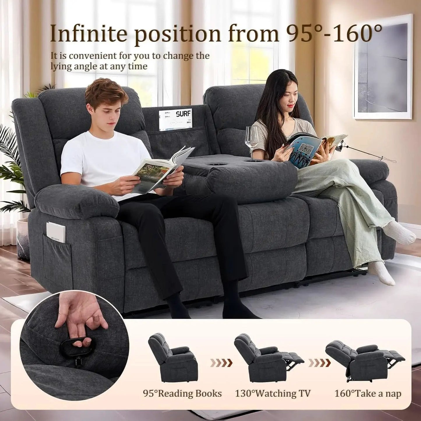 Grey Oversized 3 Seater Reclining Sofa With Console from PriceLows™