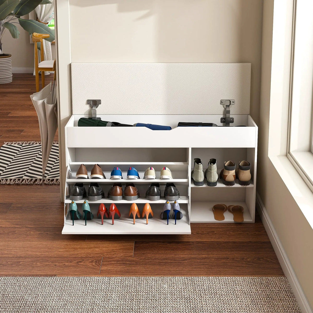 Modern Design Entryway Bench With Adjustable 3 Tier Flip-Up Drawers And Hidden | 39.37 x 11.81 x 20.47 in | 3-Tier | White
