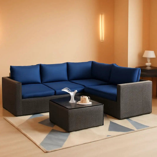 Outdoor Sectional Sofa Set | Navy Blue Finish | Weather Resistant PE Rattan | 6 Piece Modular