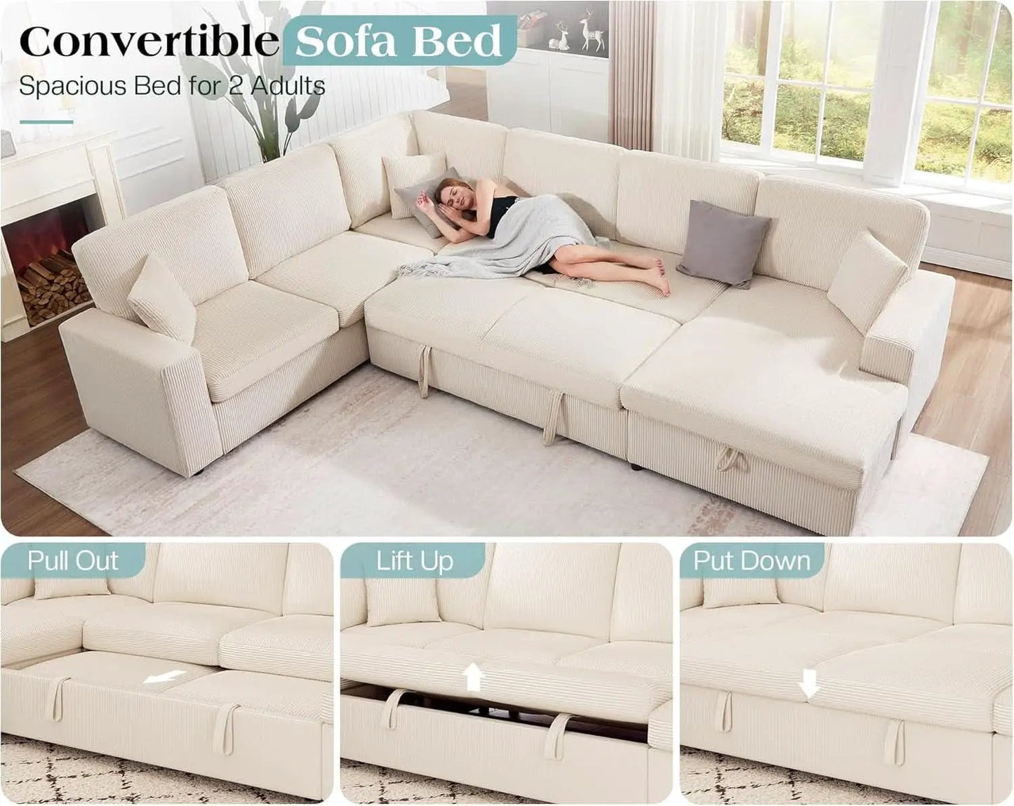 130 Inch Beige Corduroy Sectional Sofa Bed Storage Compartment from PriceLows™