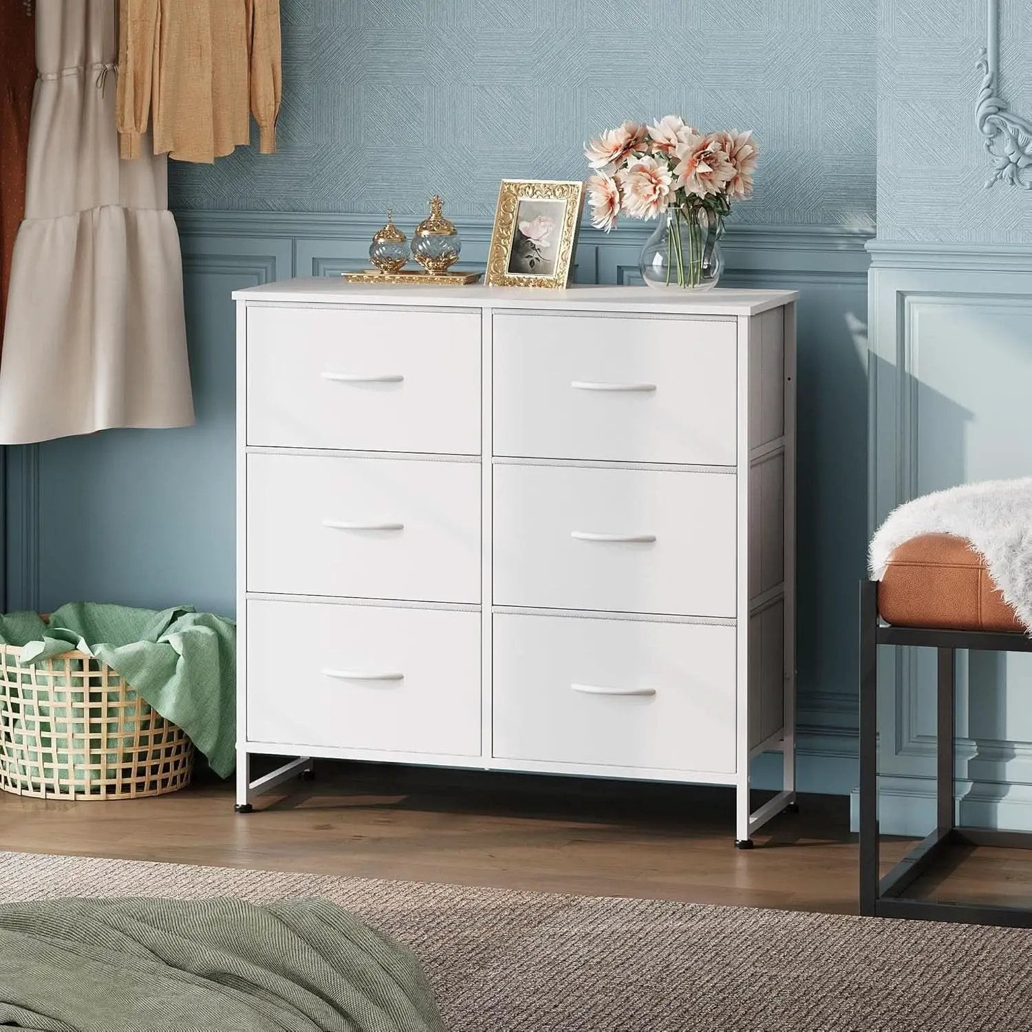 White Fabric Dresser With 6 Drawers And Fabric Bins from PriceLows™