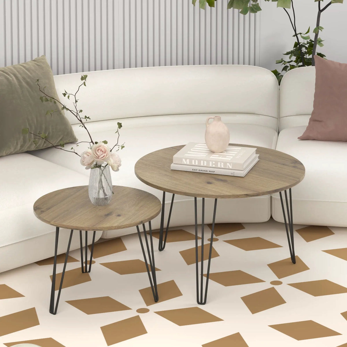 Round Nesting Coffee Table | Faux Marble Top | Steel Base | Set Of 2
