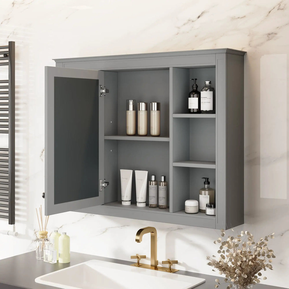 Wall Mounted Medicine Cabinet | Adjustable Interior | 6 Open Shelves