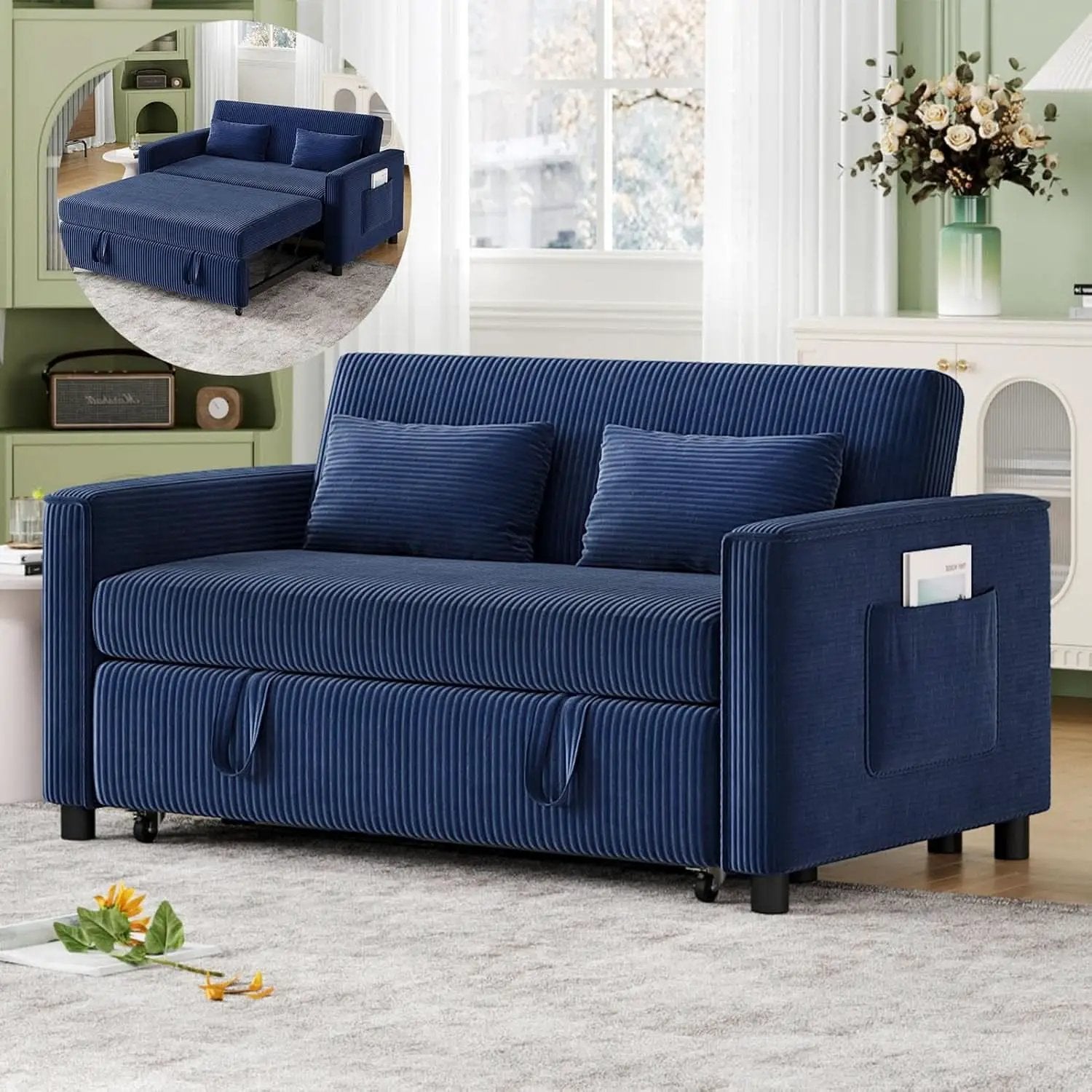 Navy Corduroy Convertible Sleeper Sofa Bed Pockets from PriceLows™