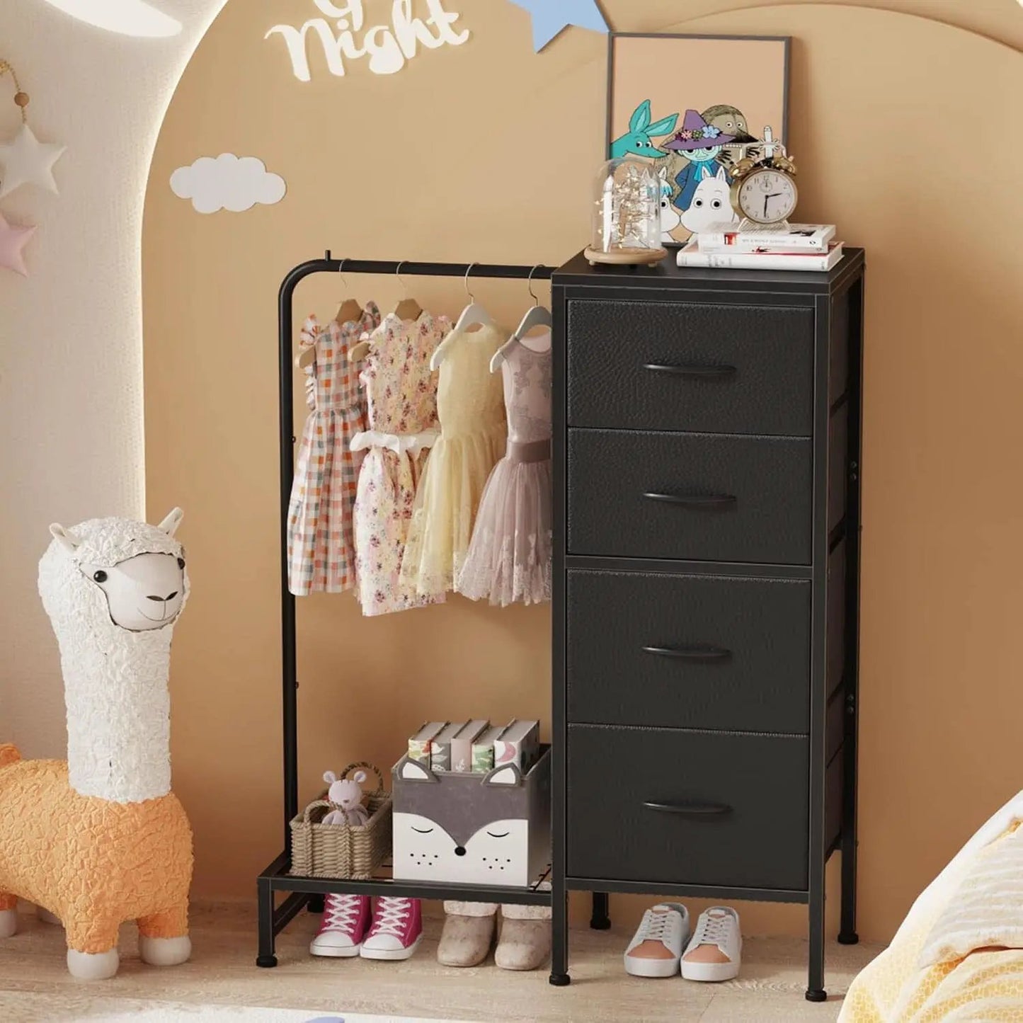 Dresser With Hanging Rack And 4 Drawers Black 44 Inch Tall from PriceLows™