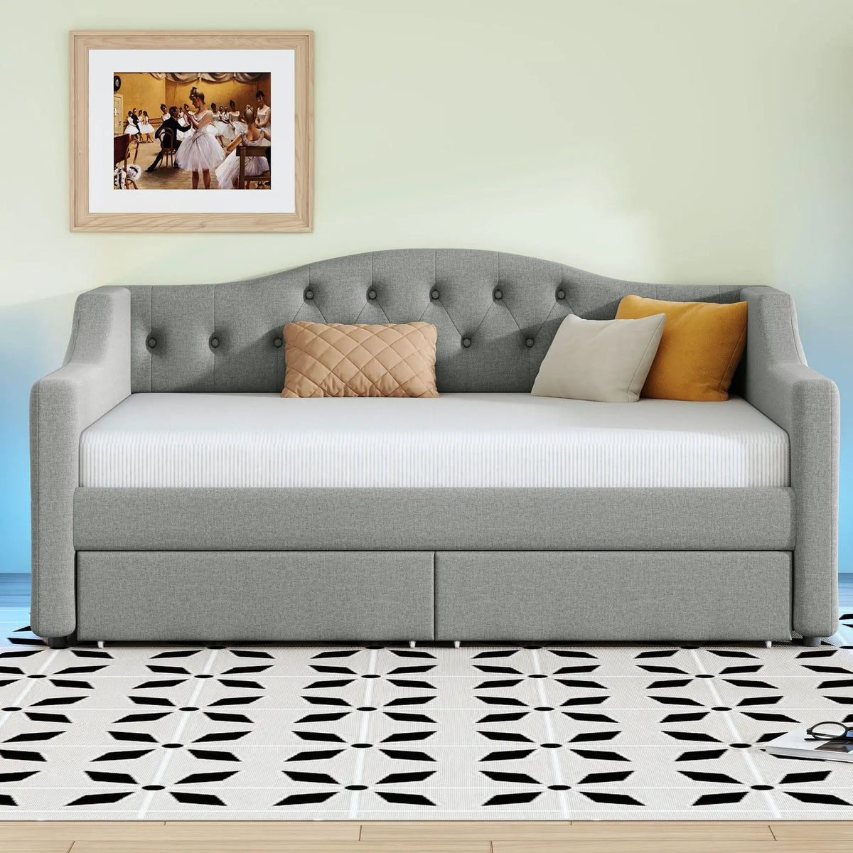 Daybed With LED Lights | Upholstered Trundle Daybed | Thickly Padded Sponge | 84 Inch Length