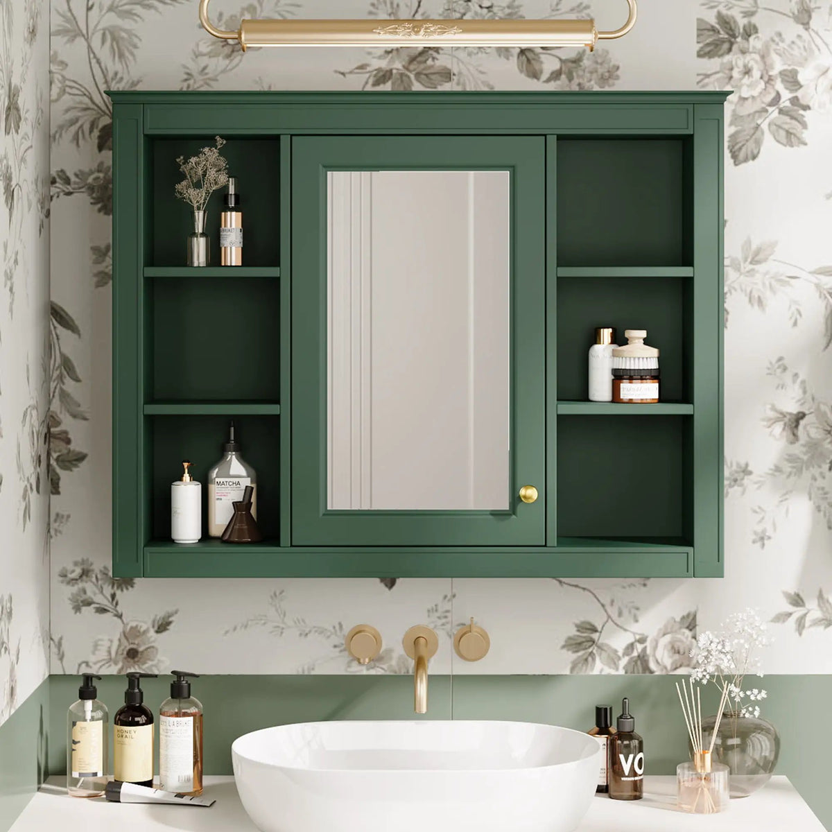 Wall Mounted Medicine Cabinet | Adjustable Interior | 6 Open Shelves