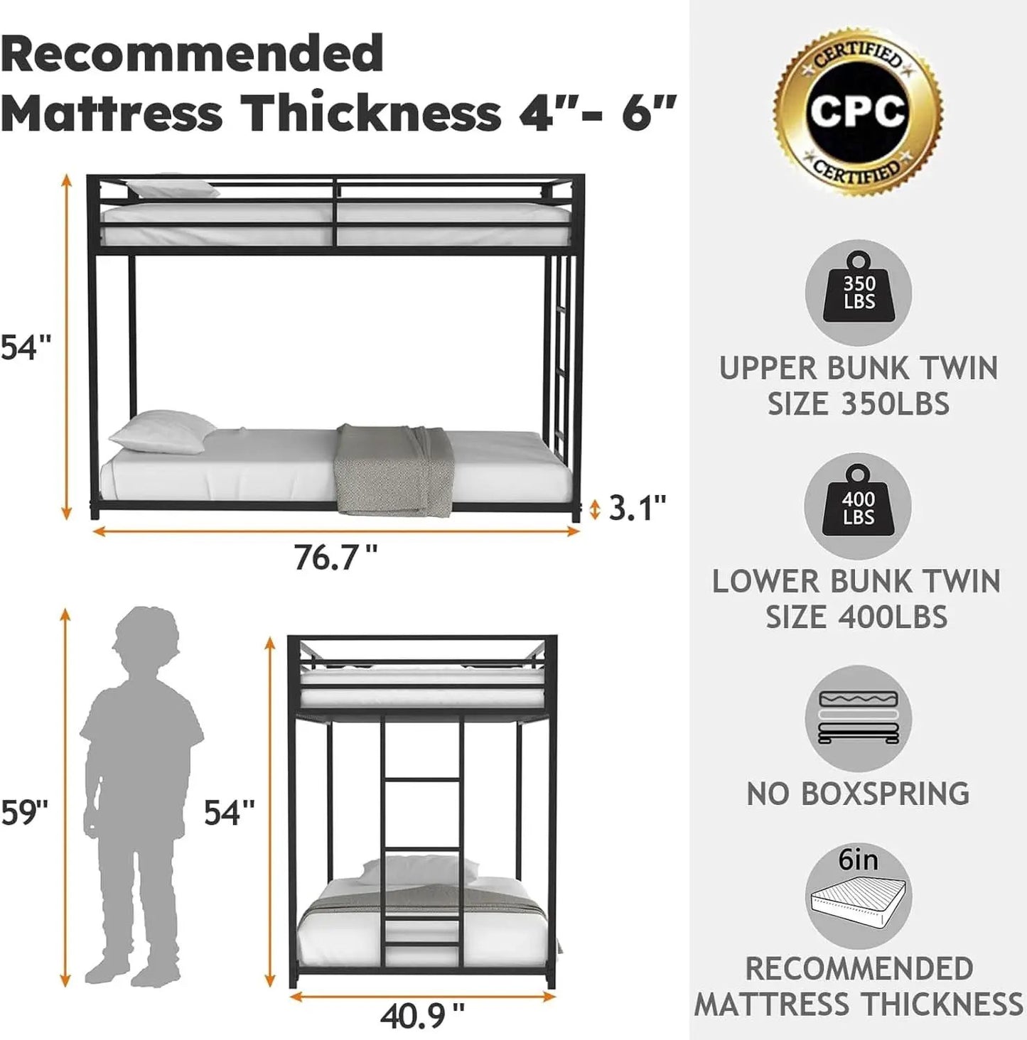 Twin Over Twin Metal Low Profile Bunk Bed With Guardrails And Ladder Black from PriceLows™