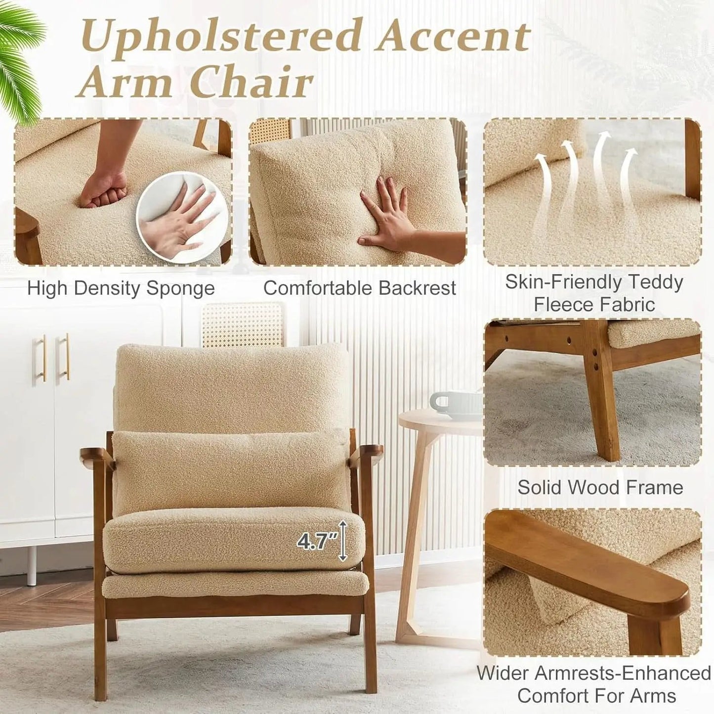 Solid Wood Armchair Khaki Teddy Velvet Upholstery With Pillow from PriceLows™
