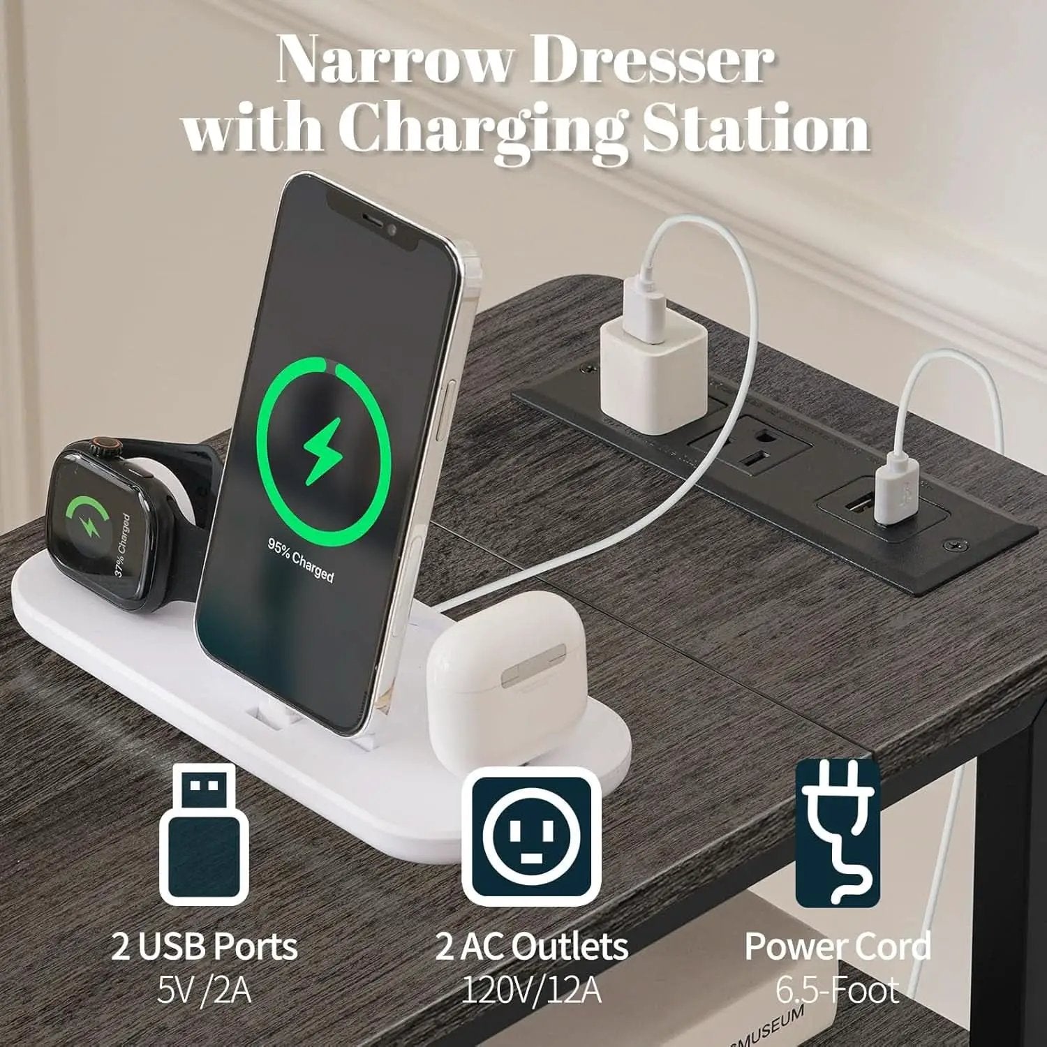 Narrow Dresser Nightstand With Led Charging Station from PriceLows™