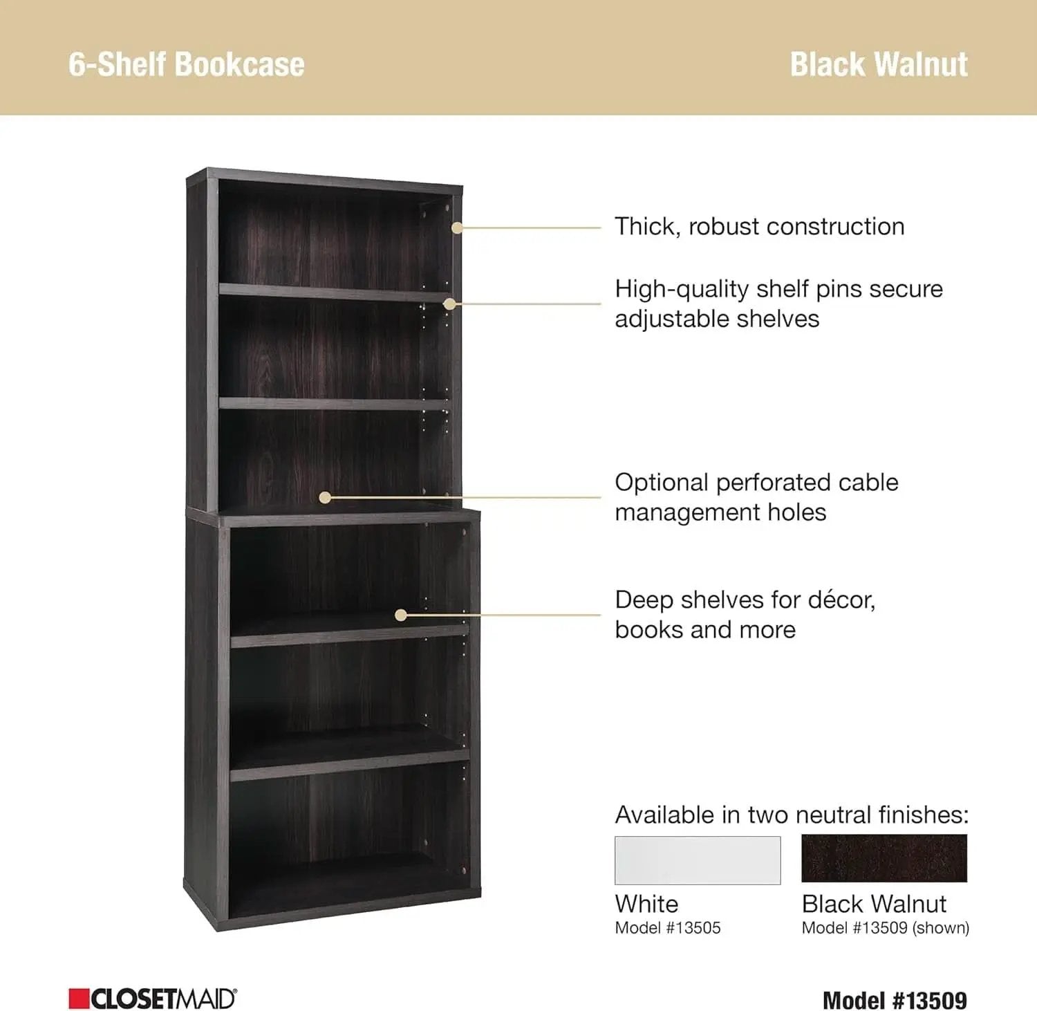 Tall Bookshelf Black Walnut Finish With Adjustable Shelves from PriceLows™
