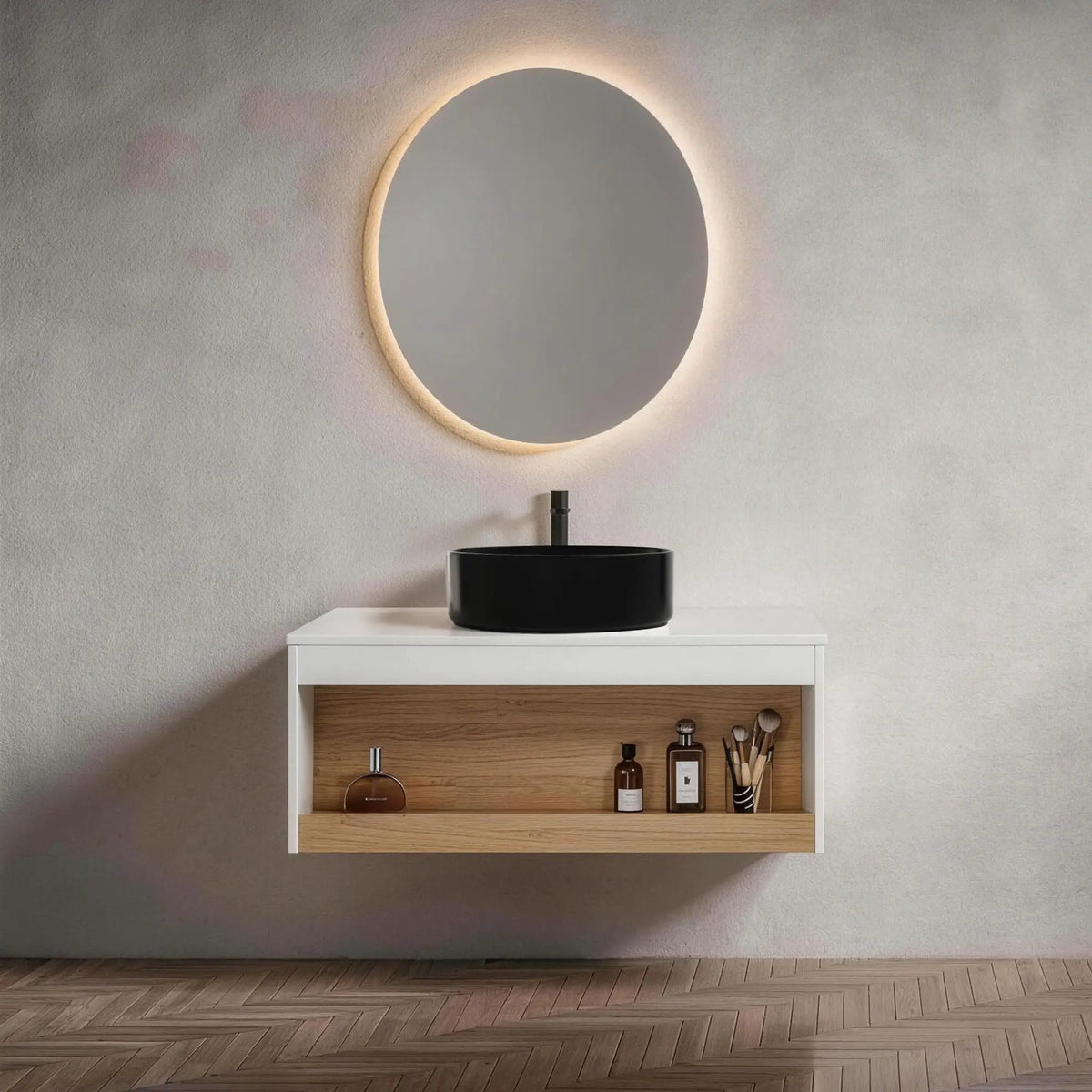 Floating Bathroom Vanity | Round Glossy Sink | Wall Mounted | Compact Design