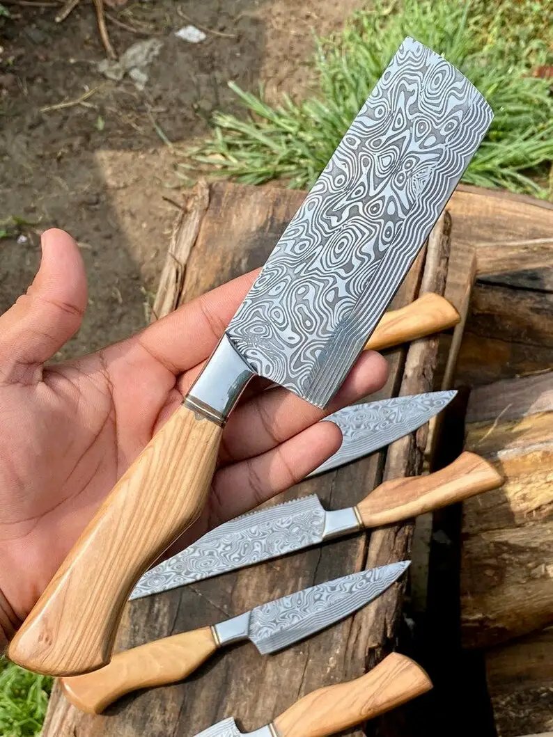 Sharp Kitchen Knife Set – 13" Damascus Steel Blade, Olivewood Handle & Leather Sheath from PriceLows™