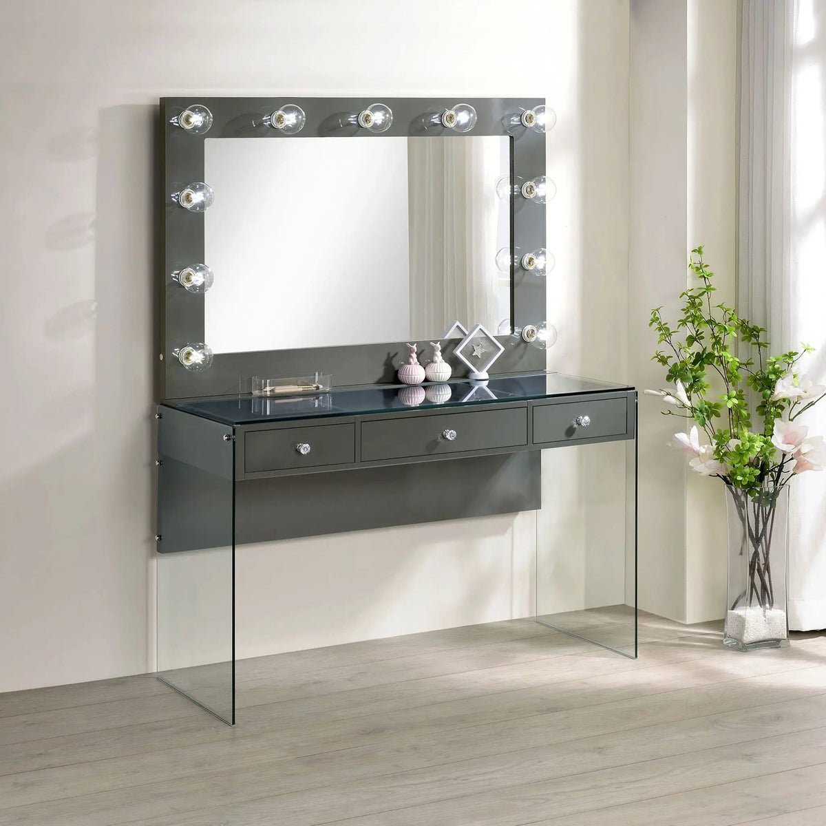 Afshan 3-drawer Vanity Set with Lighting Grey High Gloss | 47 x 18.75 x 61.5 in | Tempered Glass | Bathroom