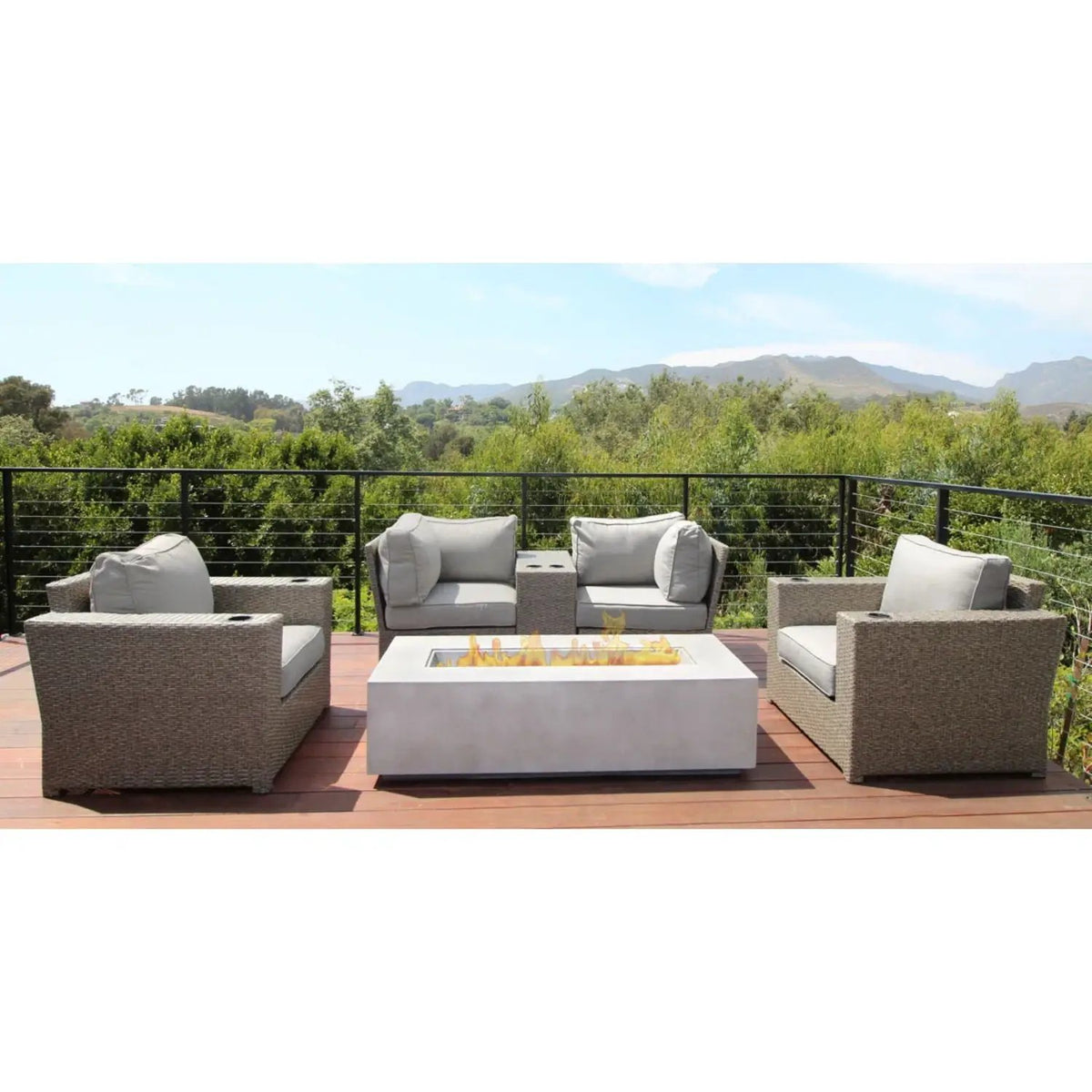 Outdoor Conversation Set | Fire Pit Included | 5 Inch Olefin Cushions | Espresso HDPE Wicker