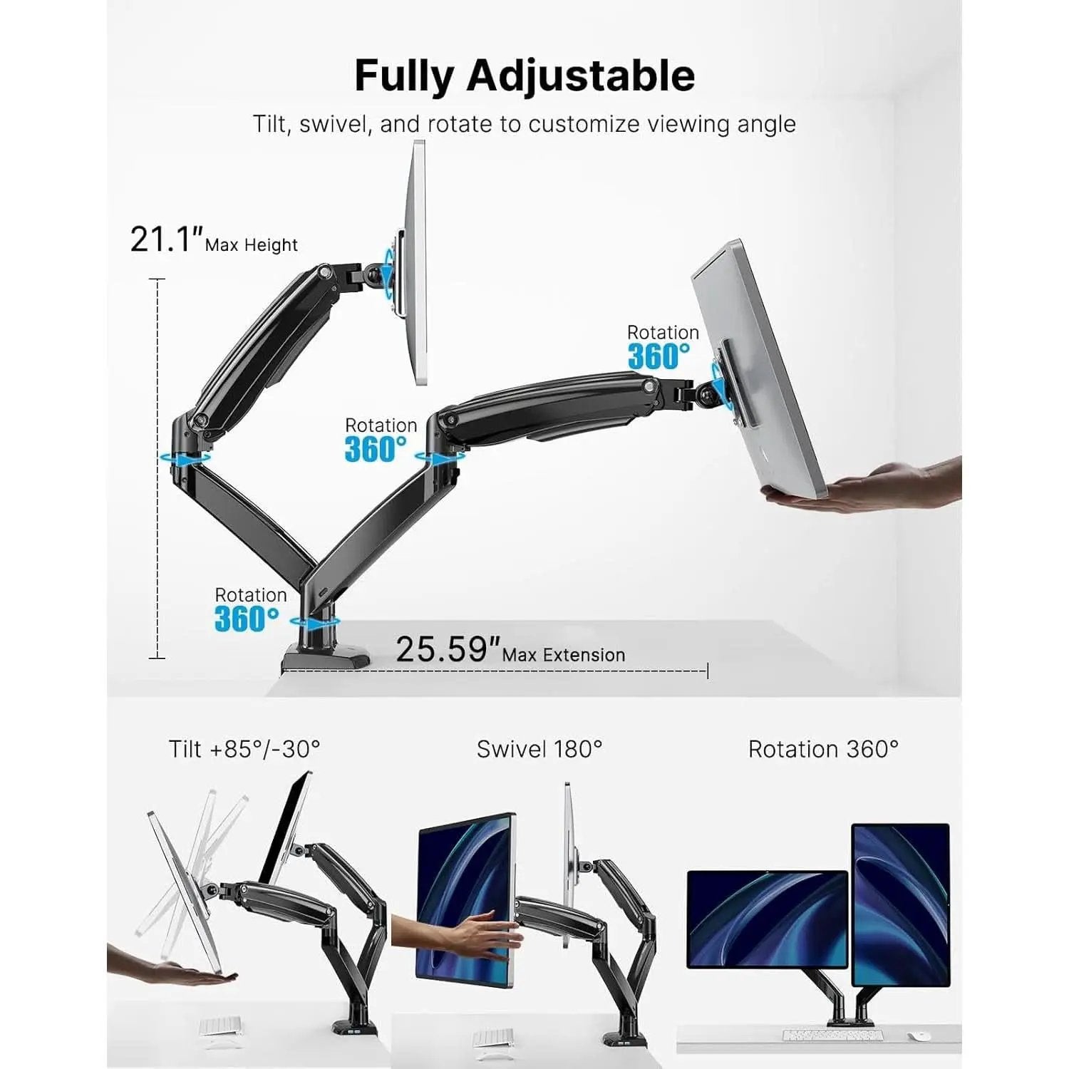 Dual Monitor Stand With USB Port Height Adjustable Arms from PriceLows™