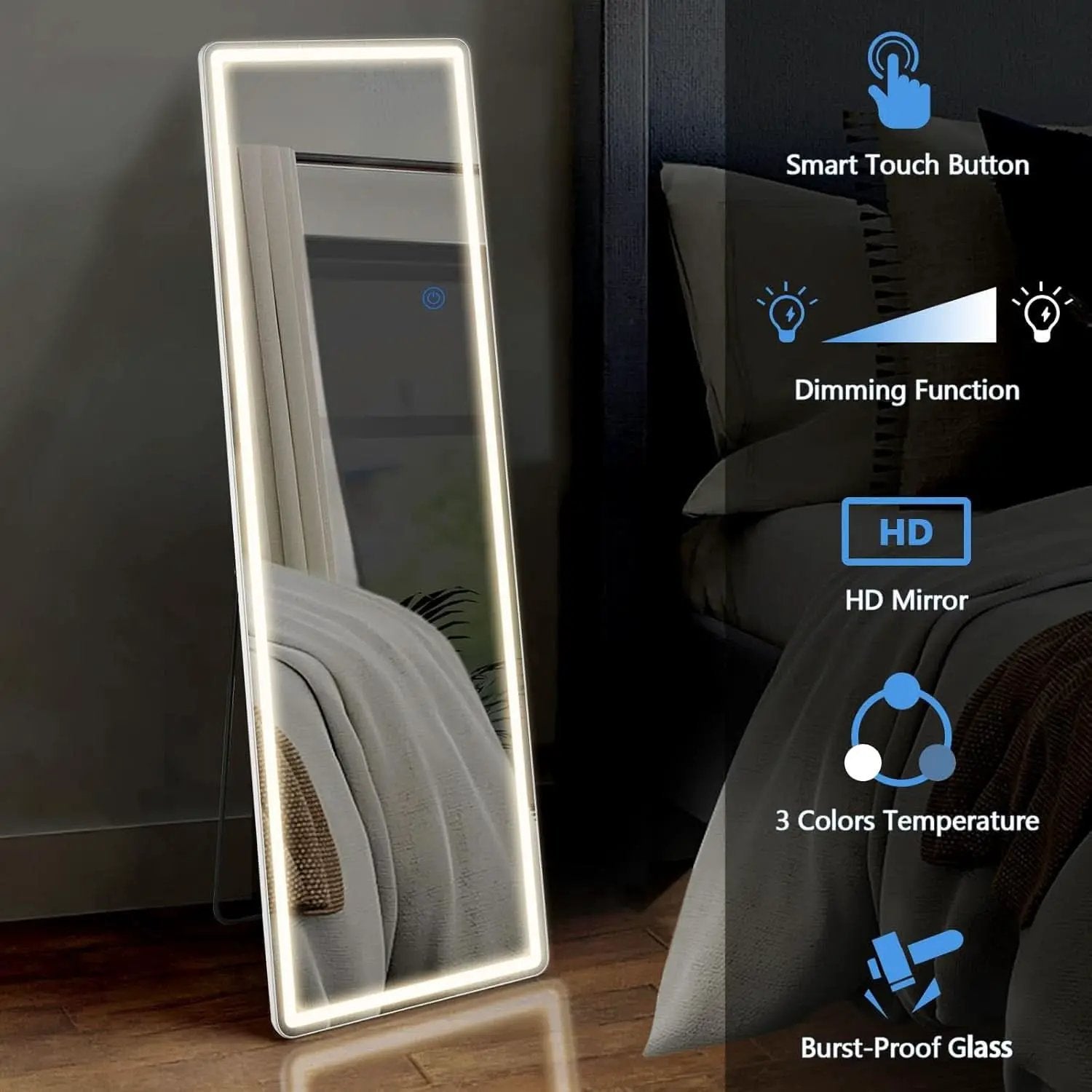 LED 20x63 Full Length Mirror With 3 Color Lights For Bedroom from PriceLows™